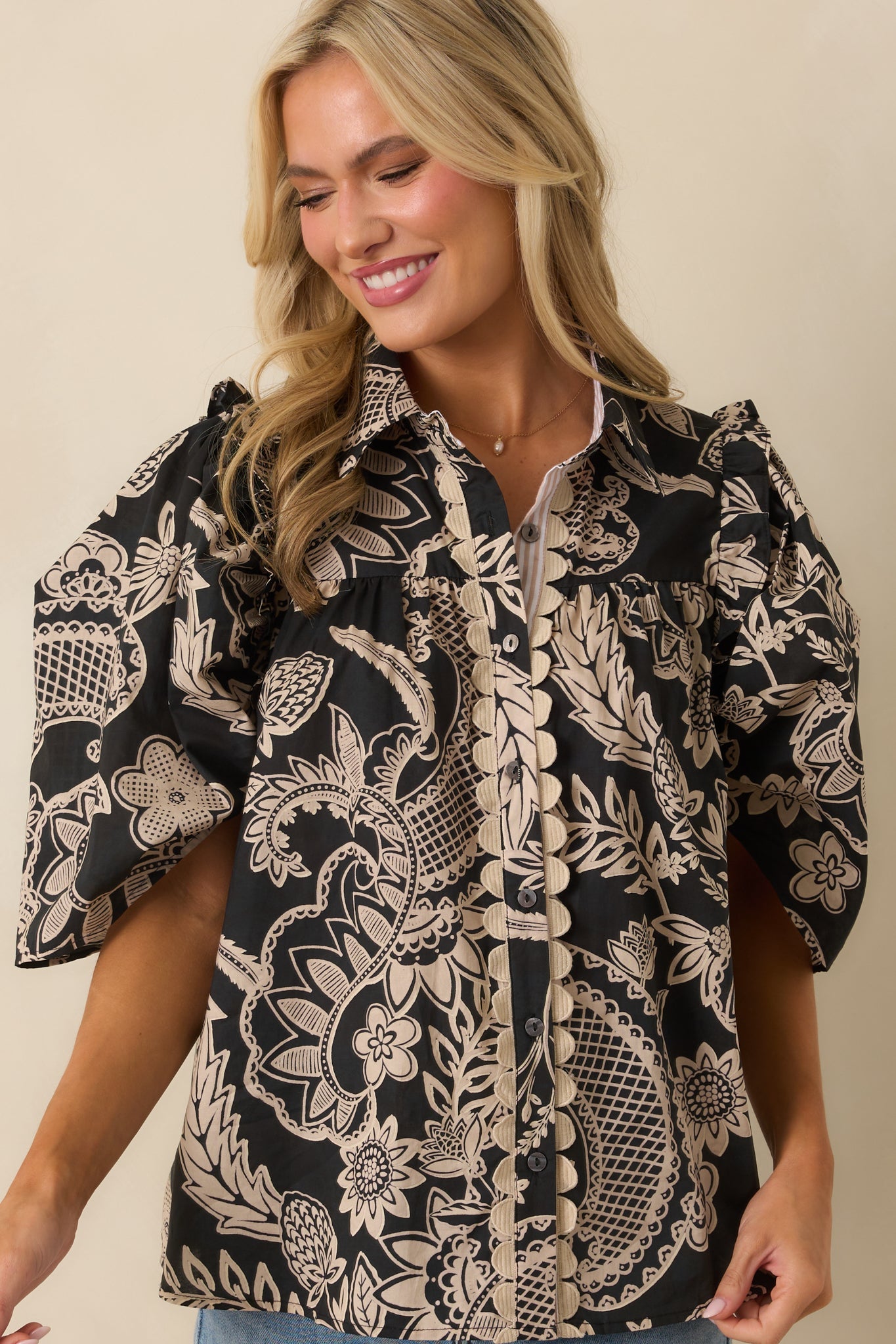 End Of Story Black Multi Paisley Floral Print Cotton Blouse