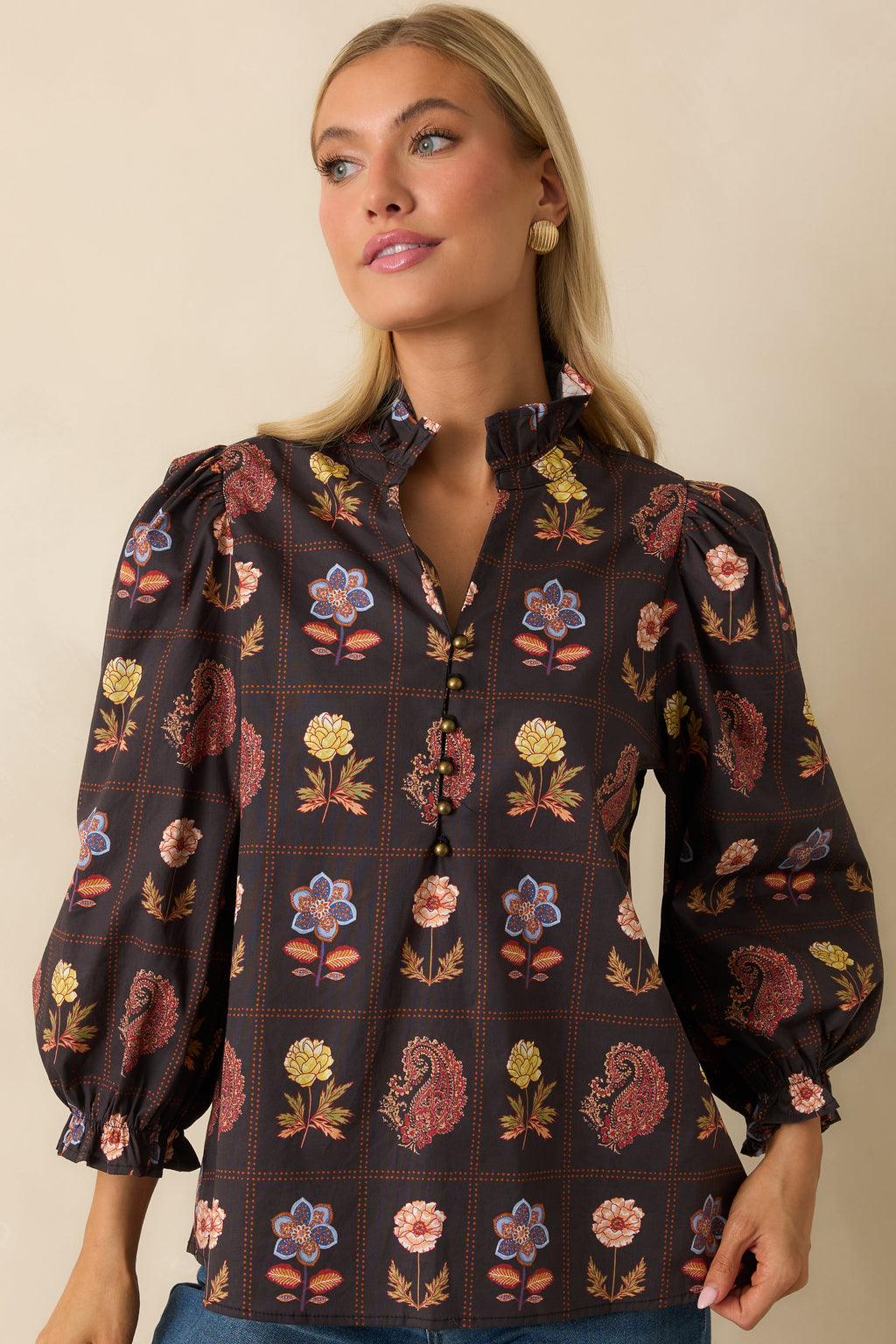 Everything’s Blooming Black Multi Floral Cotton Puff Sleeve Blouse