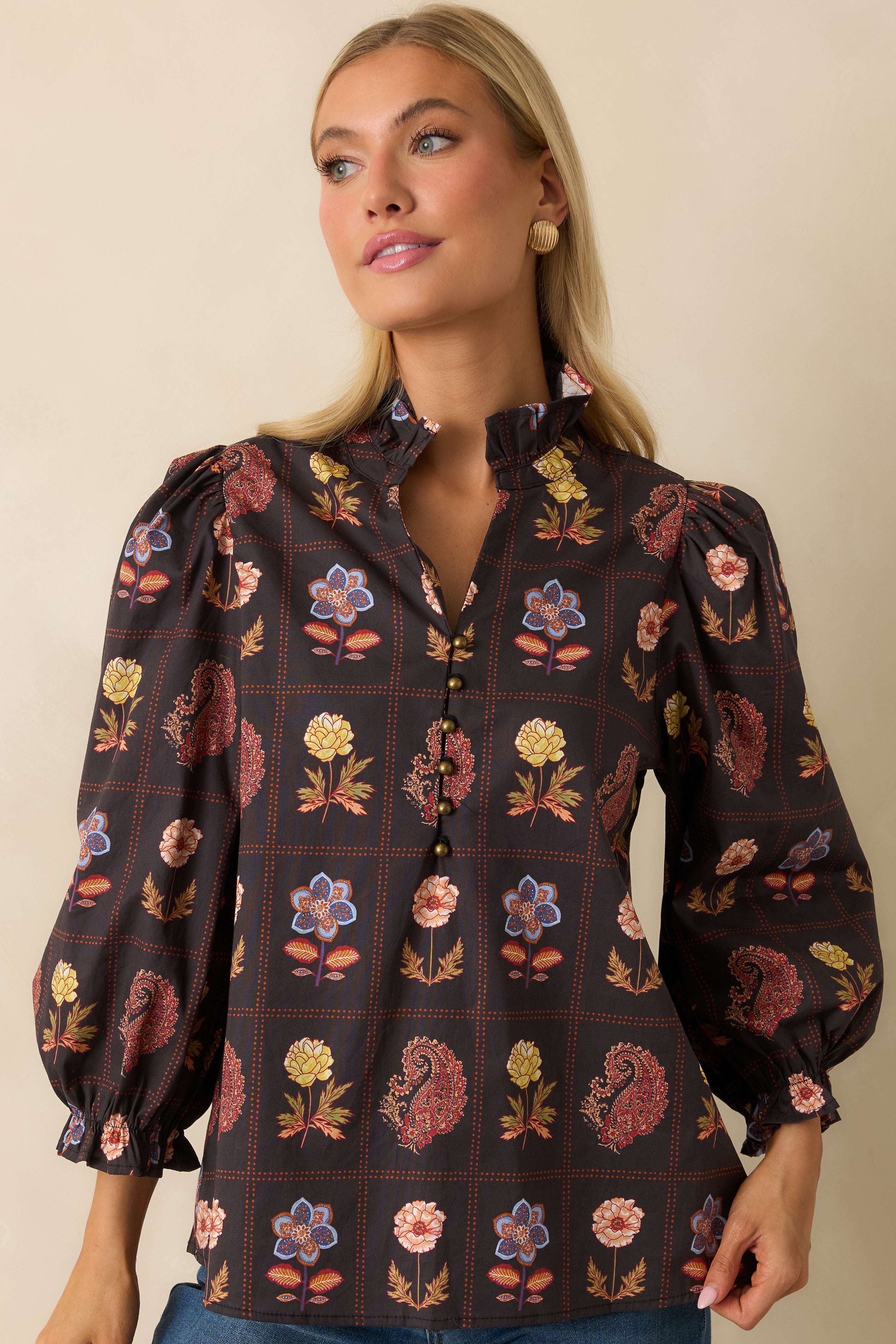 Everything’s Blooming Black Multi Floral Cotton Puff Sleeve Blouse