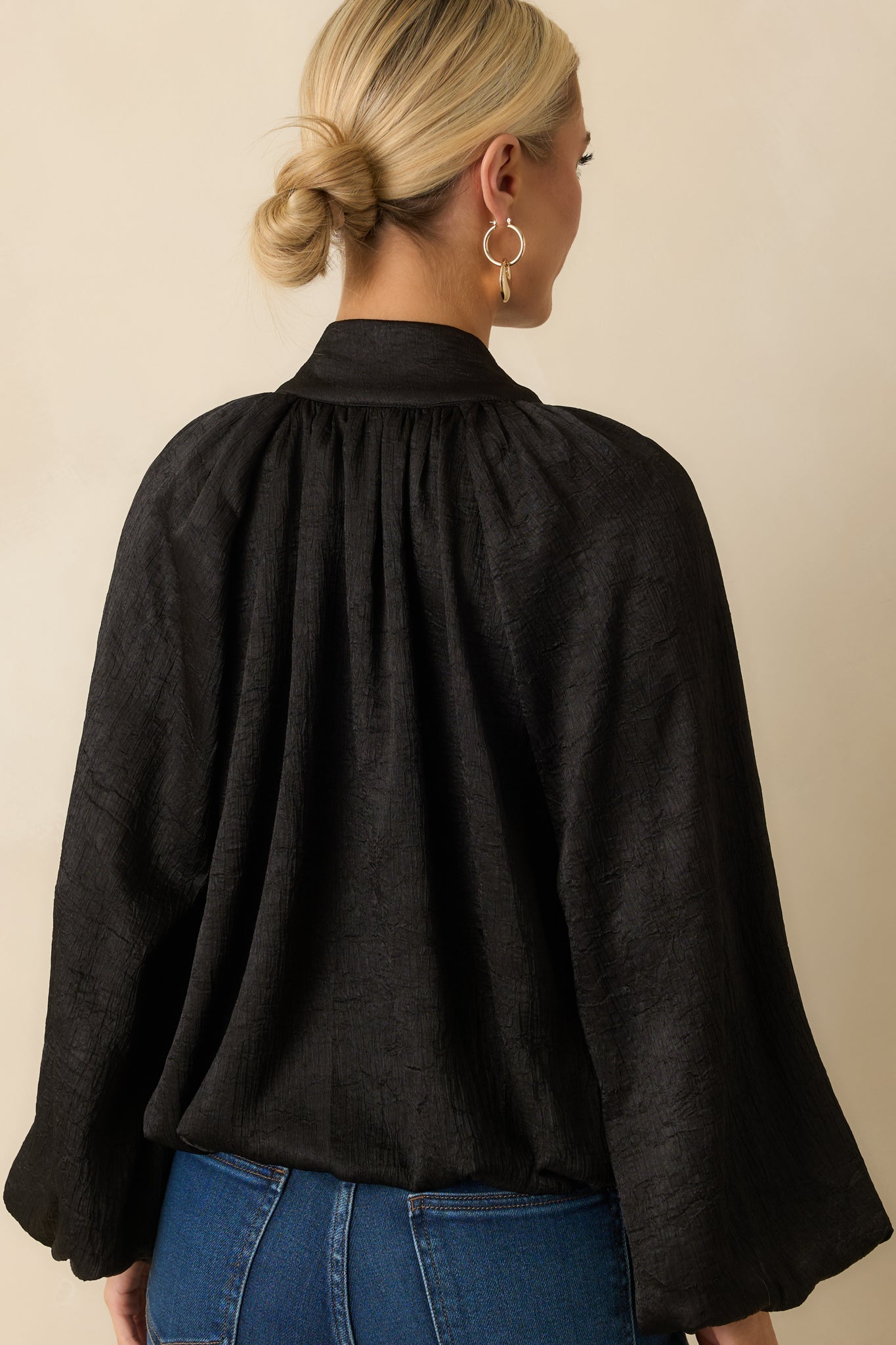 Promise Me This Black Satin V-Neck Peasant Sleeve Top
