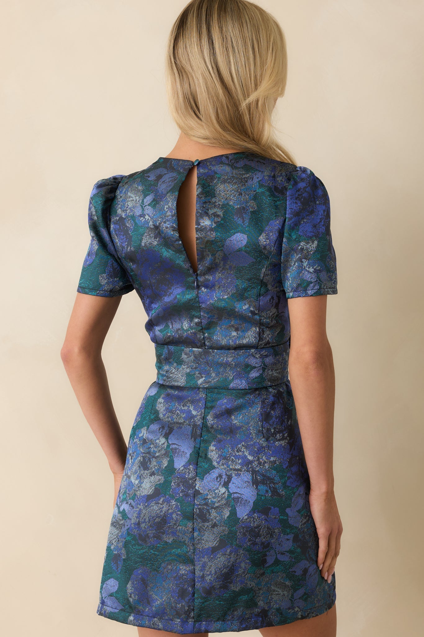 That’s The Idea Blue Multi Floral Jacquard Belted Mini Dress