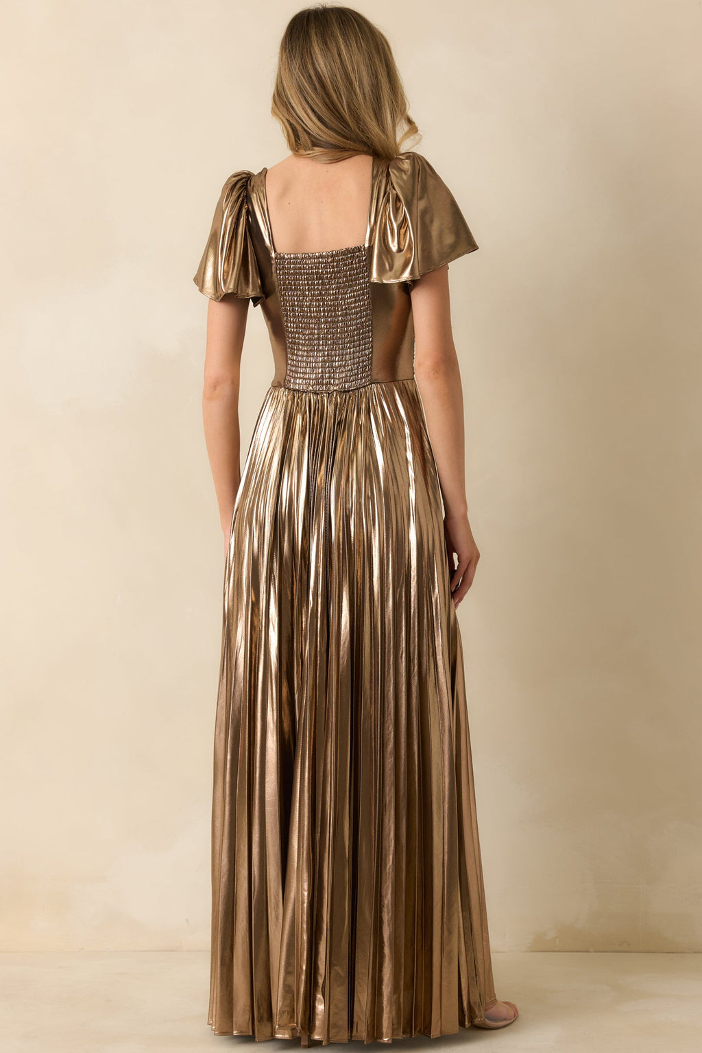Chasing Stardust Bronze Metallic Pleated Maxi Dress