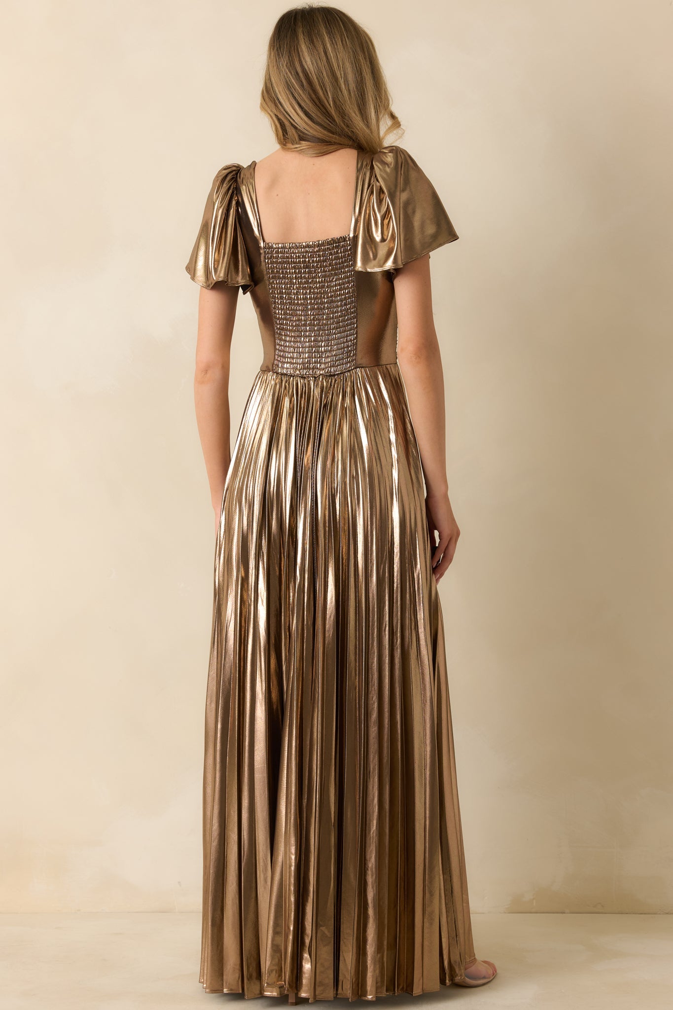 Chasing Stardust Bronze Metallic Pleated Maxi Dress