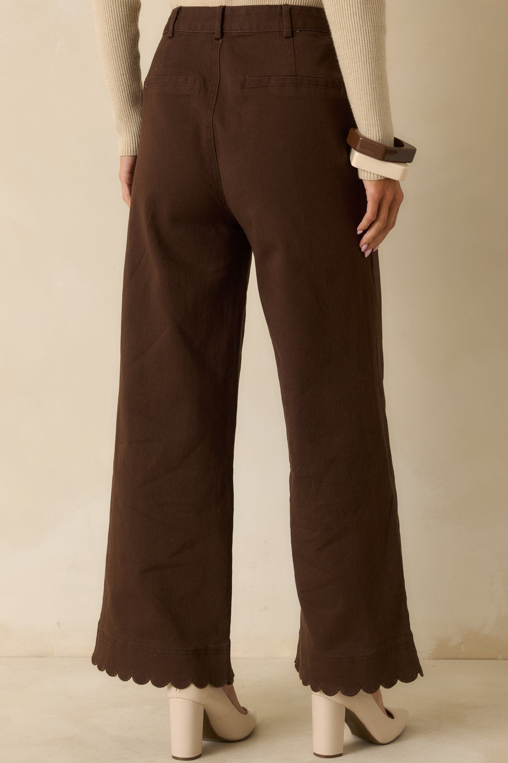Set For The Day Brown Cotton Scalloped Wide Leg Pants