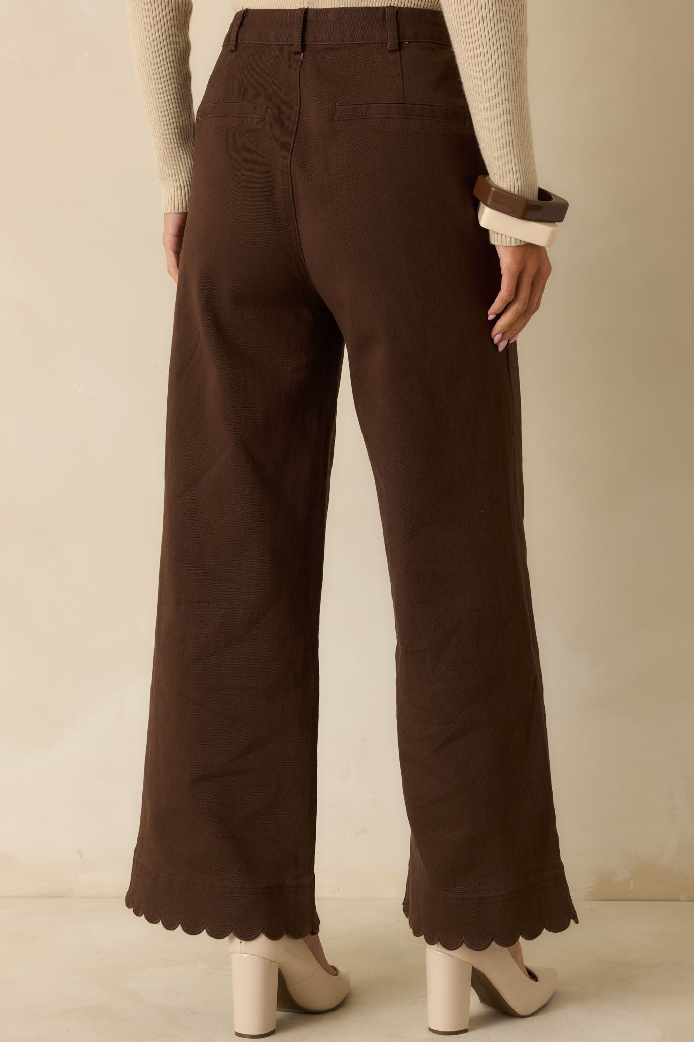 Set For The Day Brown Cotton Scalloped Wide Leg Pants