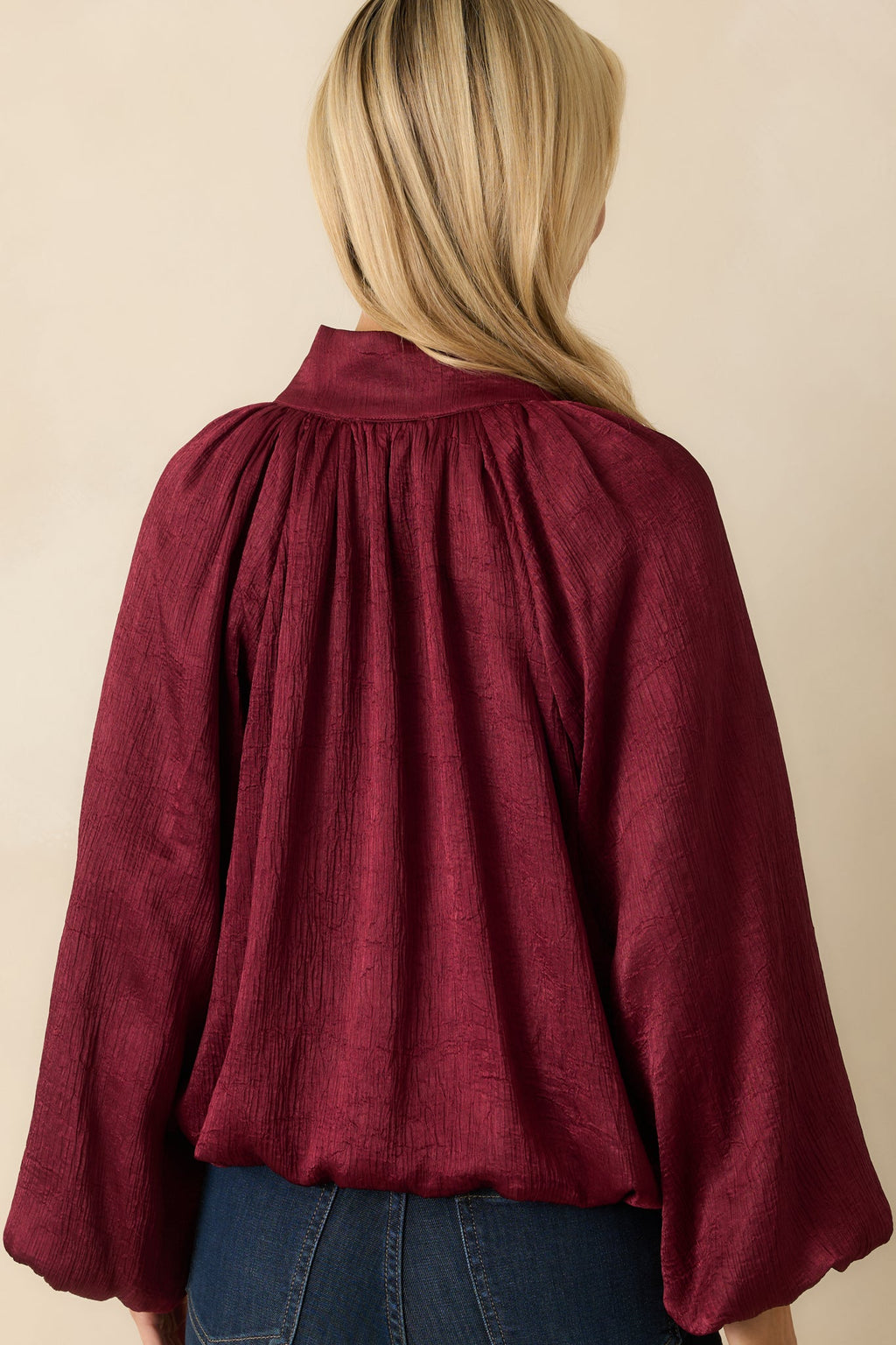 Promise Me This Burgundy Satin V-Neck Peasant Sleeve Top