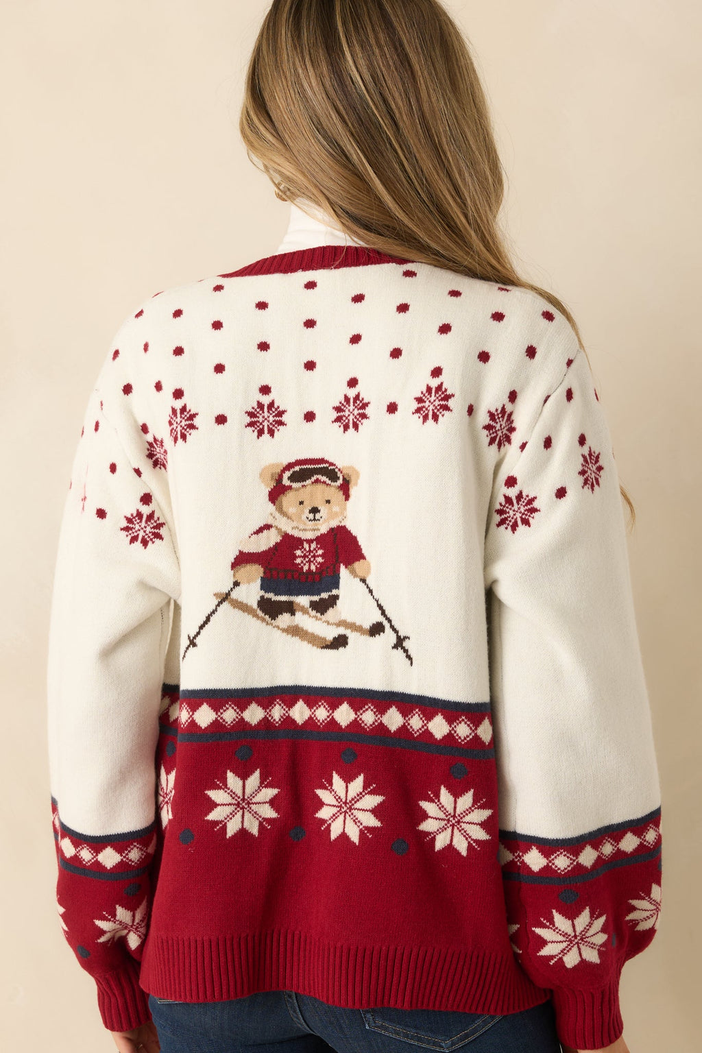 Ski Season Sweetie Ivory & Red Knit Ski Bear Cardigan Sweater