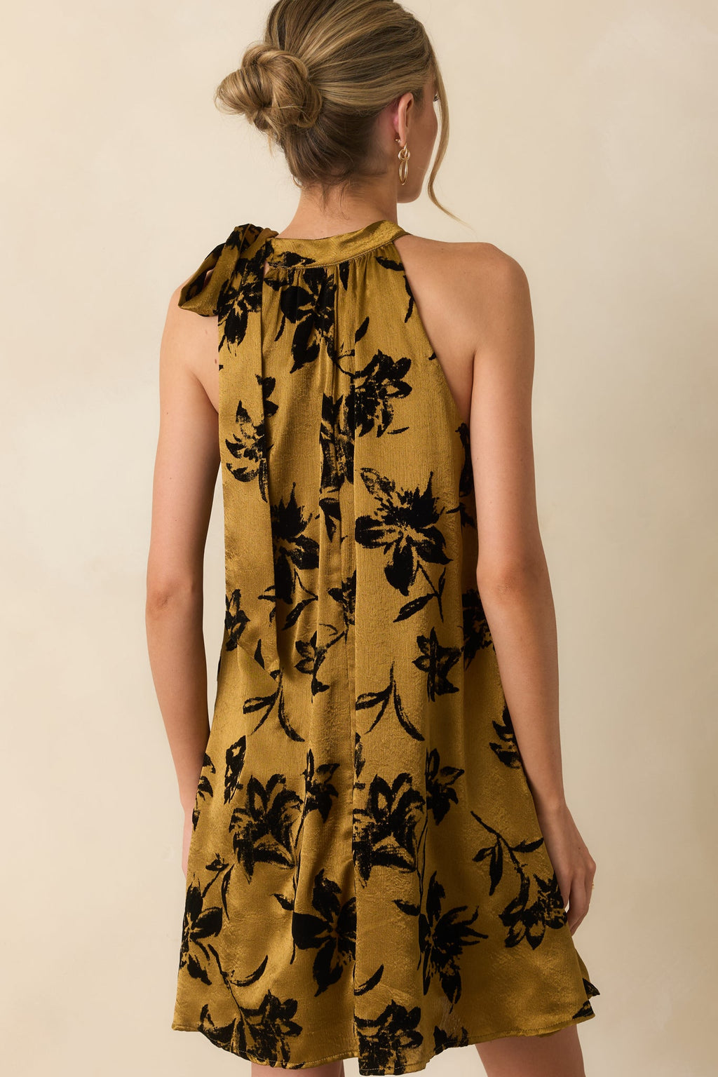 All That Glimmers Dark Gold Floral Satin Mini Dress