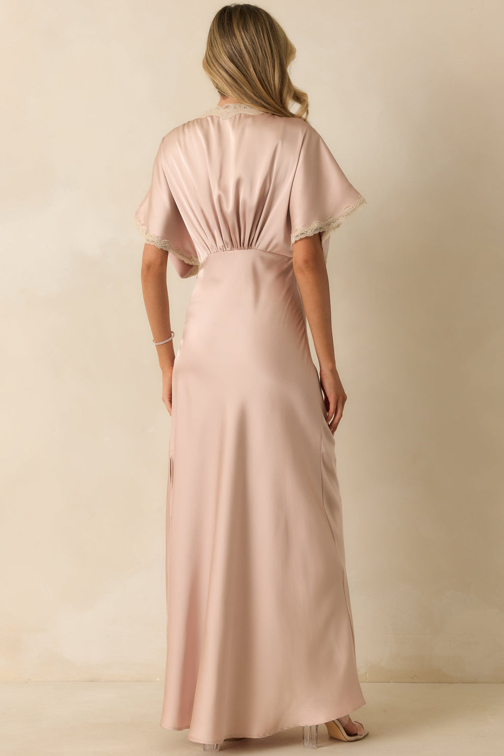 All The Right Reasons Dusty Pink Satin Lace Trim Maxi Dress