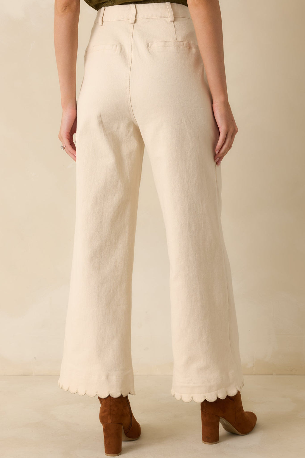 Set For The Day Ivory Cotton Scalloped Wide Leg Pants