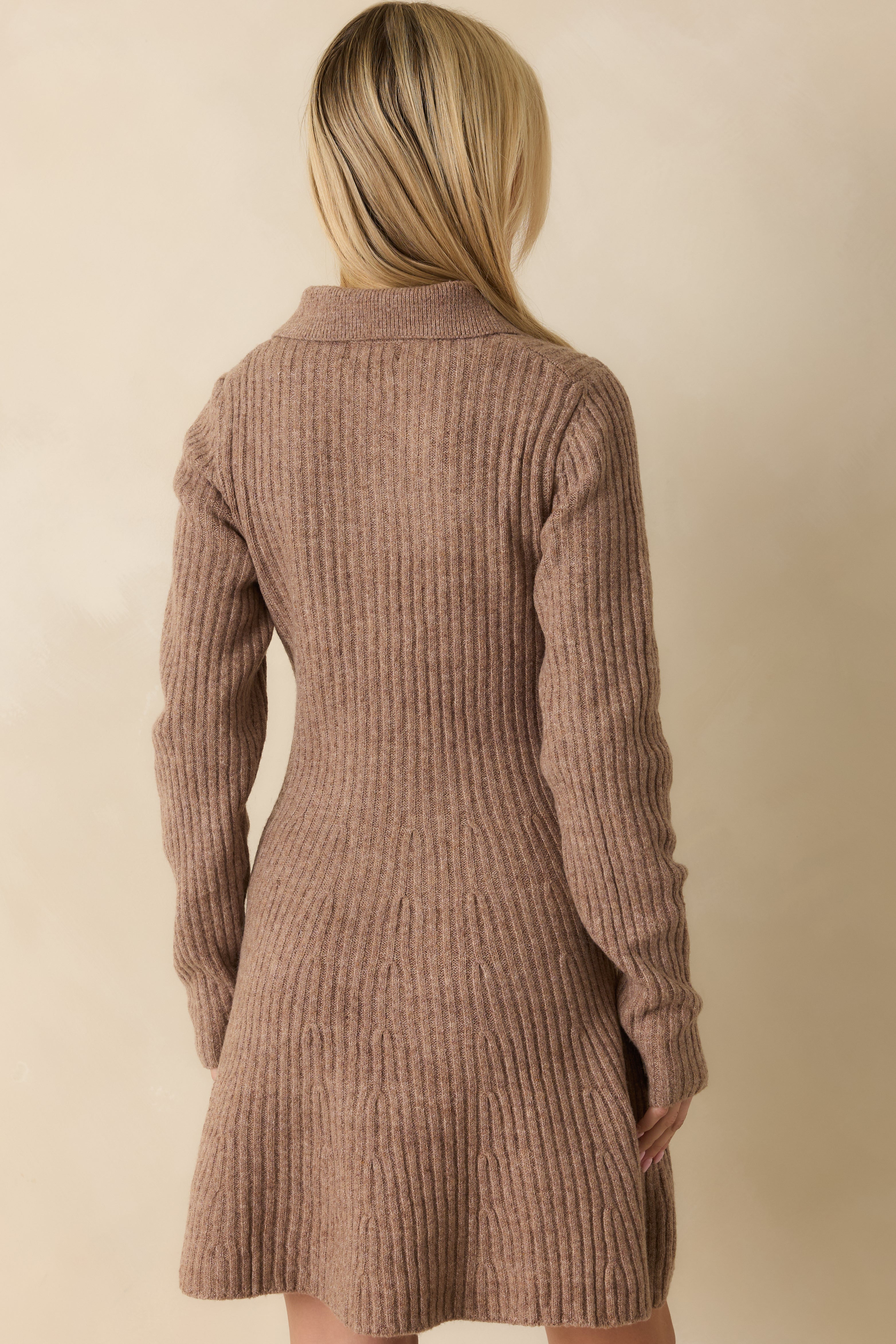 Feels Like Now Mocha Brown Ribbed Knit Sweater Mini Dress