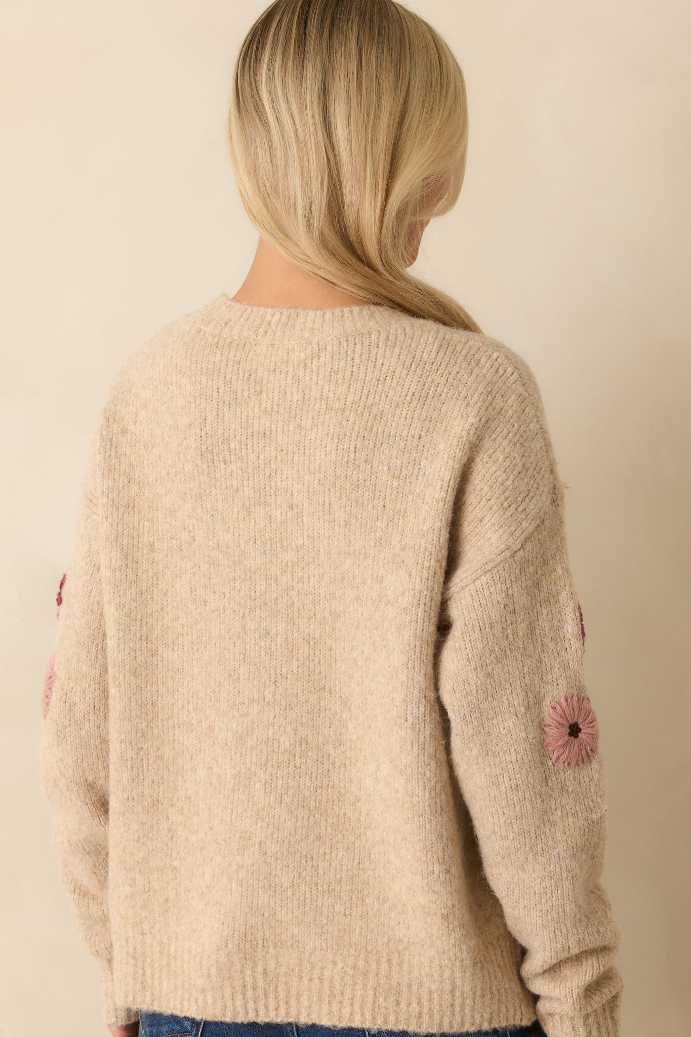 For What It's Worth Oatmeal Multi Floral Embroidered Knit Sweater