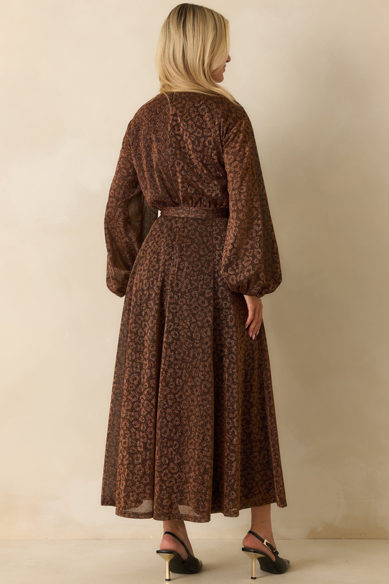 Subtle Spark Brown Leopard Print Shimmer Long Sleeve Maxi Dress