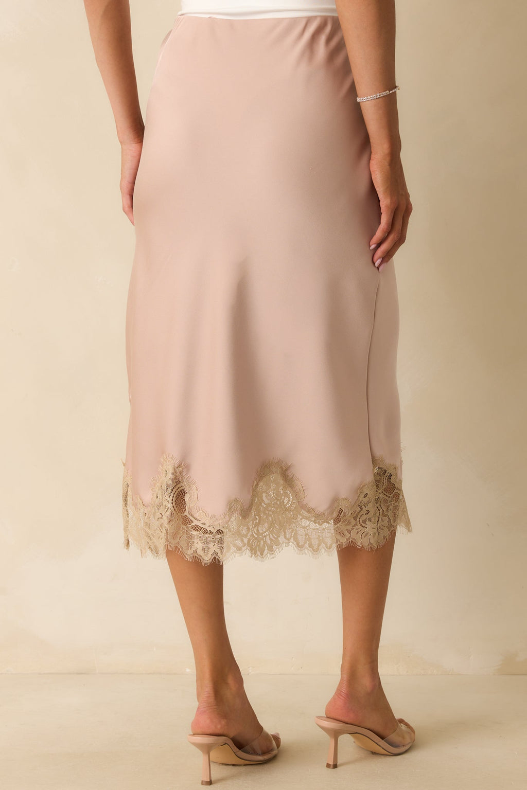 Just Call Me Later Dusty Pink Satin Lace Trim Midi Skirt