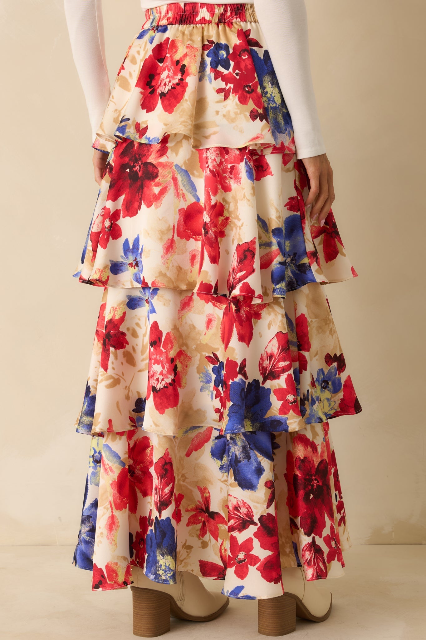 Flourish and Flow Ivory & Red Multi Floral Print Tiered Maxi Skirt