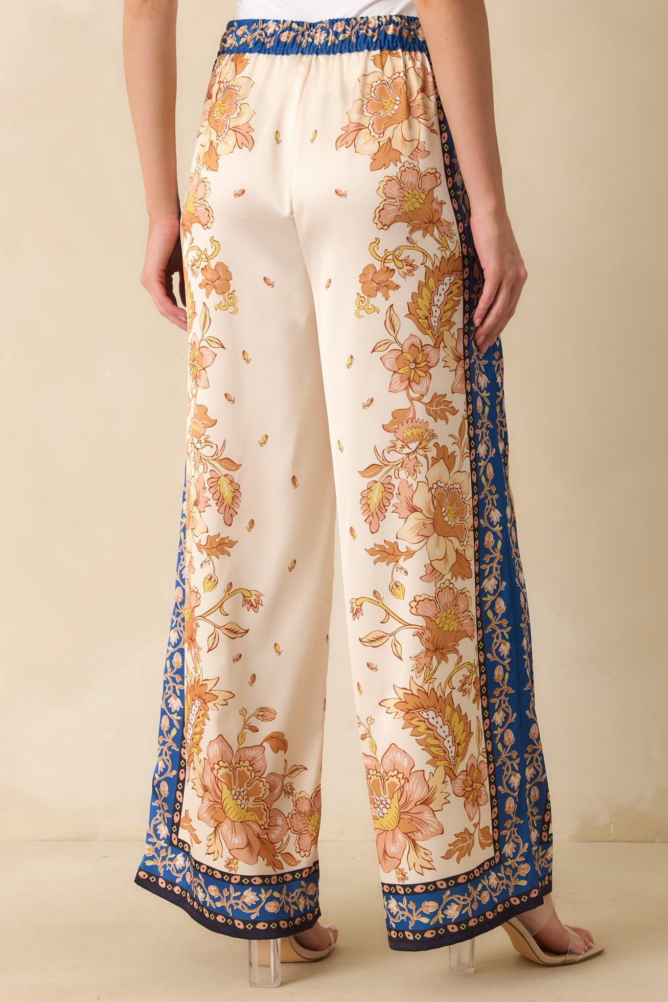 Held Her Ground Ivory Multi Floral Print Wide Leg Satin Pants