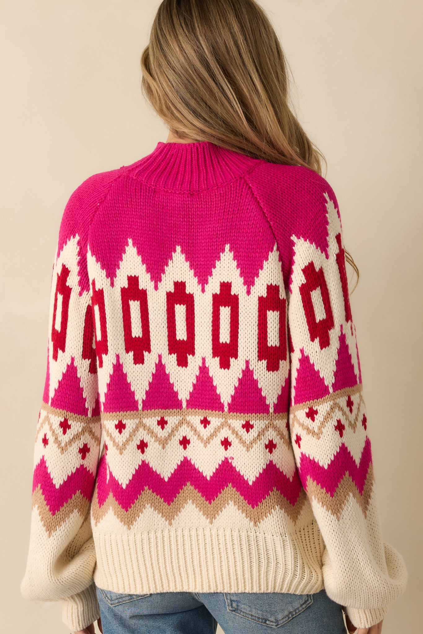 The Art of Warmth Fuchsia Pink Multi Knit Pattered Sweater