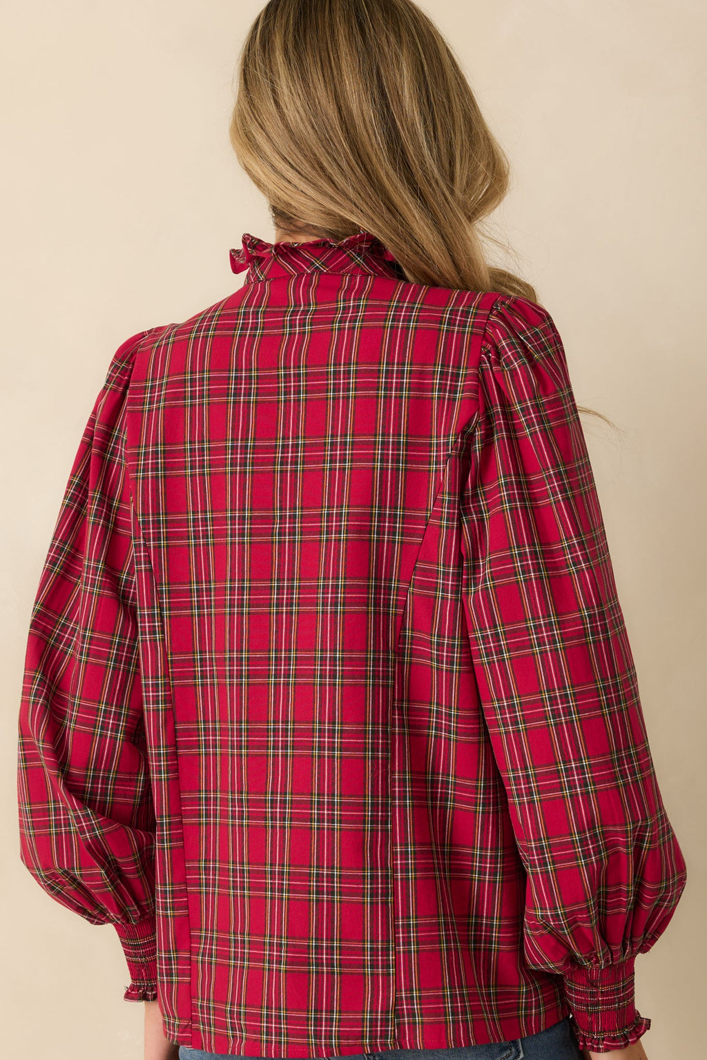 Festive Feeling Red Plaid Cotton Ruffle Neck Button Up Blouse