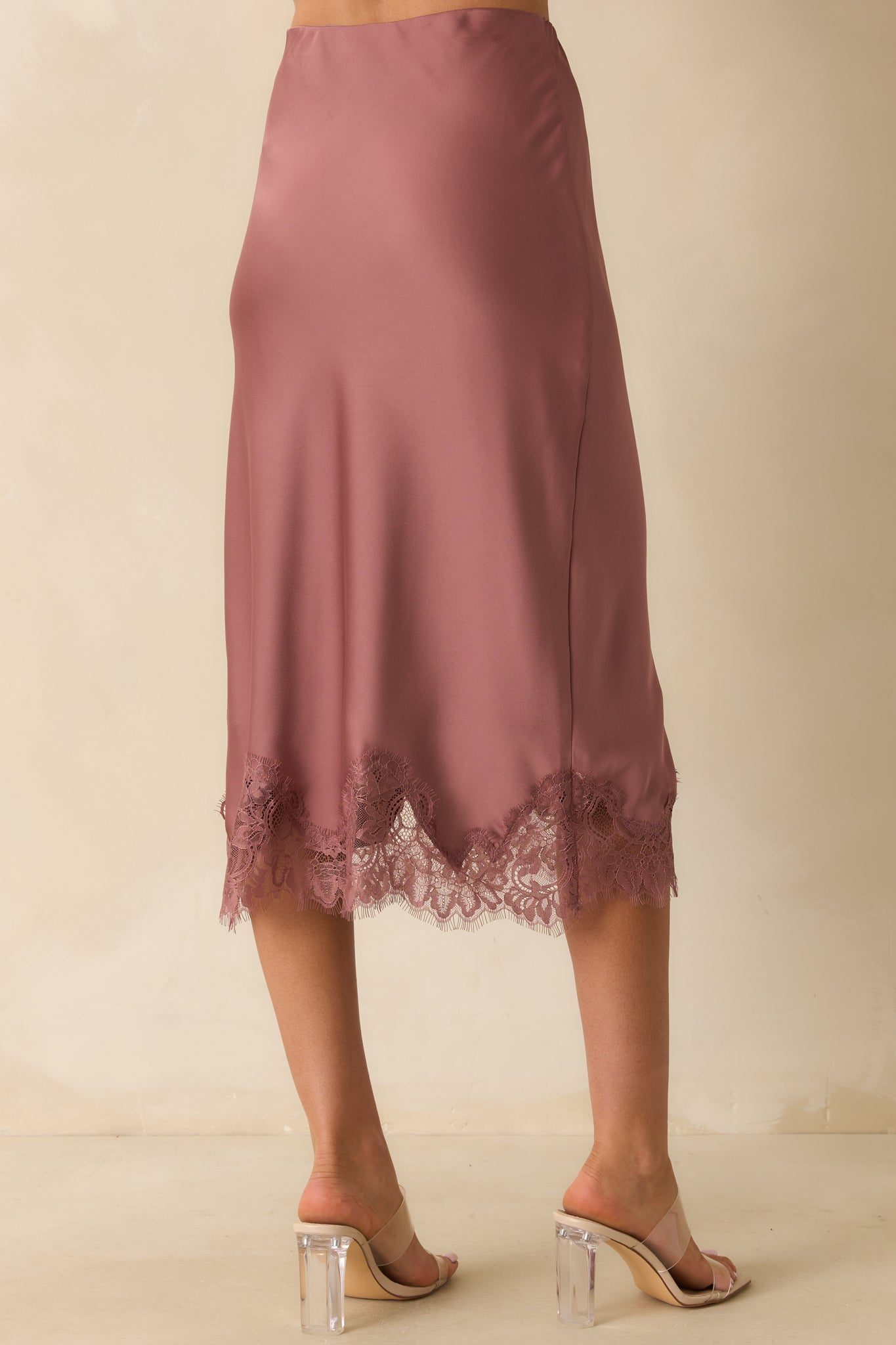 Just Call Me Later Rose Pink Satin Lace Trim Midi Skirt