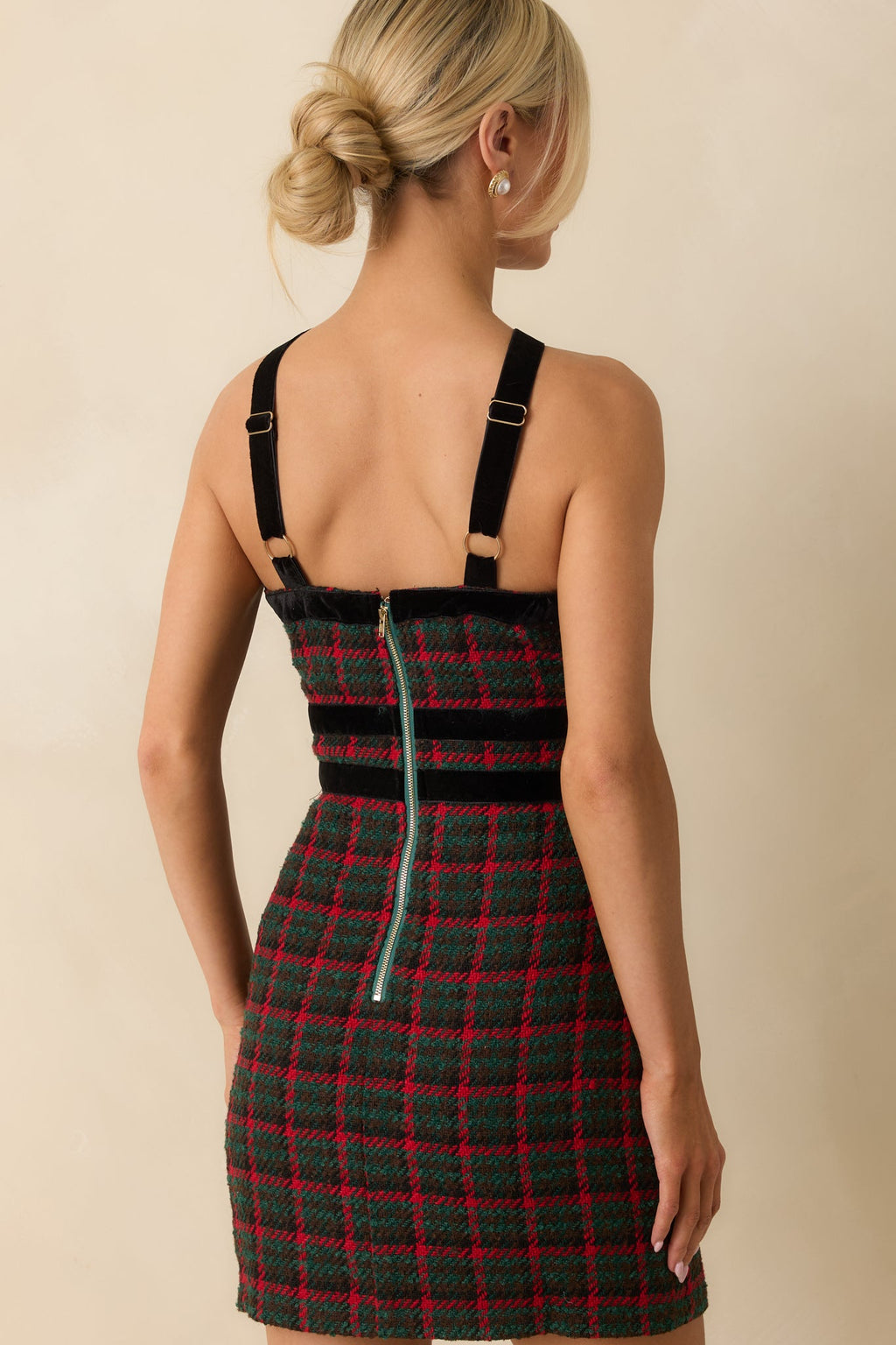 Prosperina Faye Green Multi Plaid Tweed Halter Dress