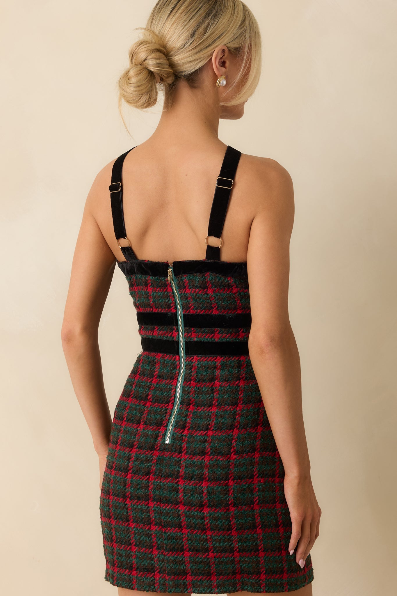 Prosperina Faye Green Multi Plaid Tweed Halter Dress