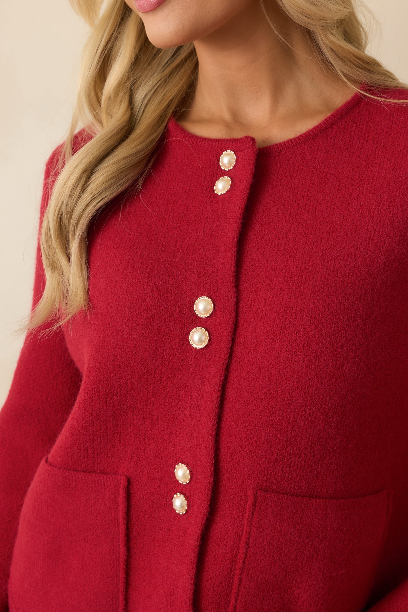 A Certain Something Red Knit Pearl Accent Button Up Cardigan