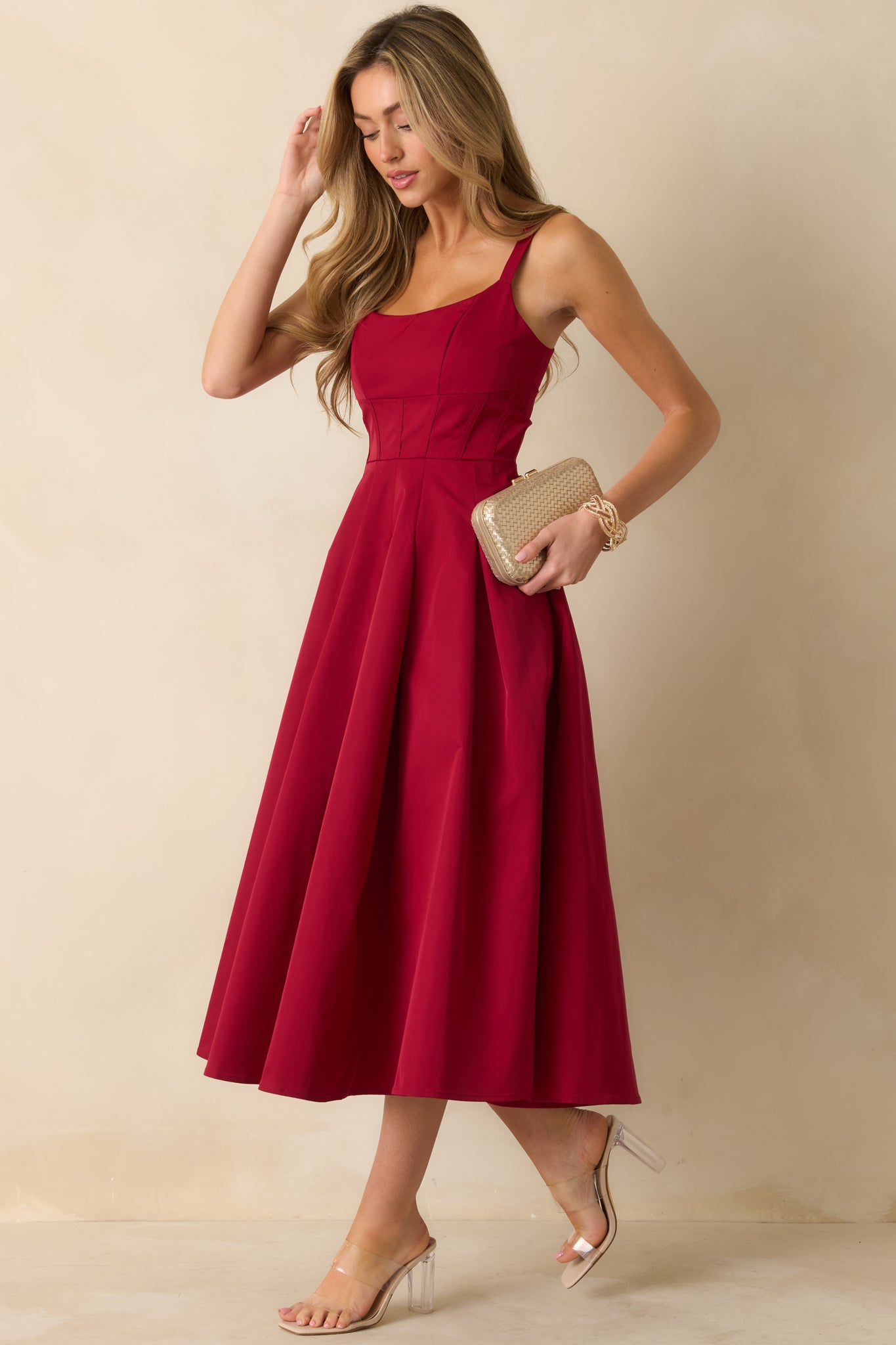 The Spotlight Is Yours Red Pleated Midi Dress