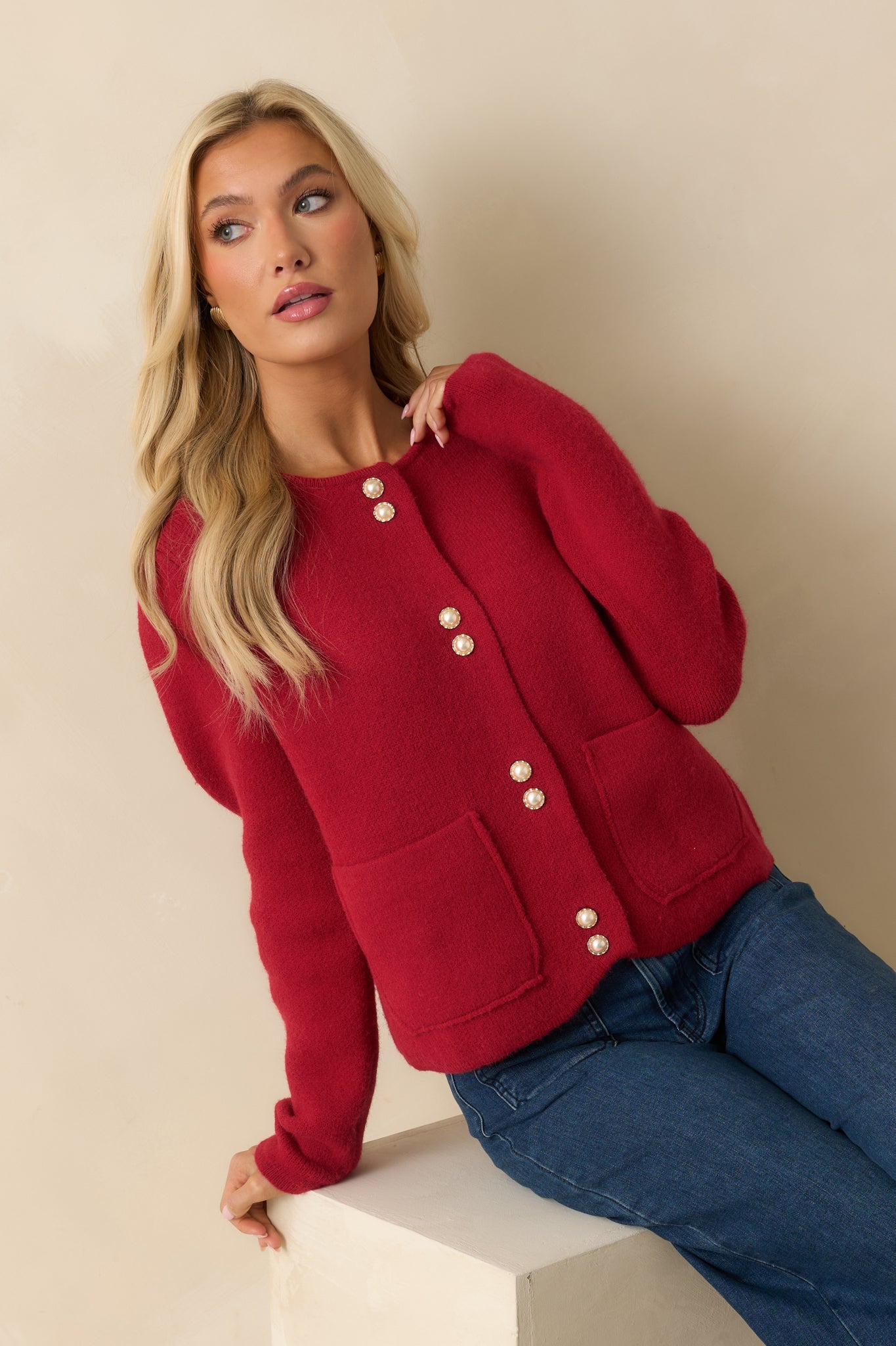 A Certain Something Red Knit Pearl Accent Button Up Cardigan