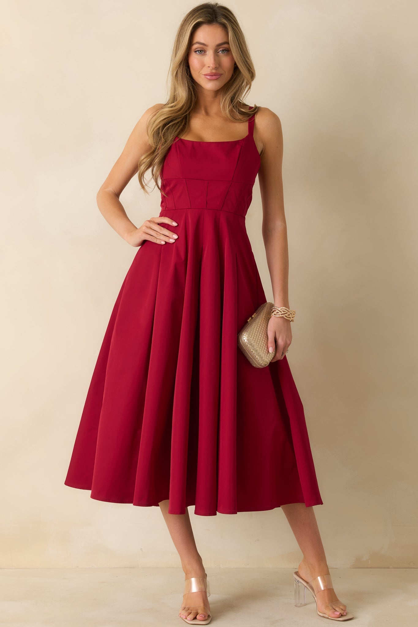 The Spotlight Is Yours Red Pleated Midi Dress