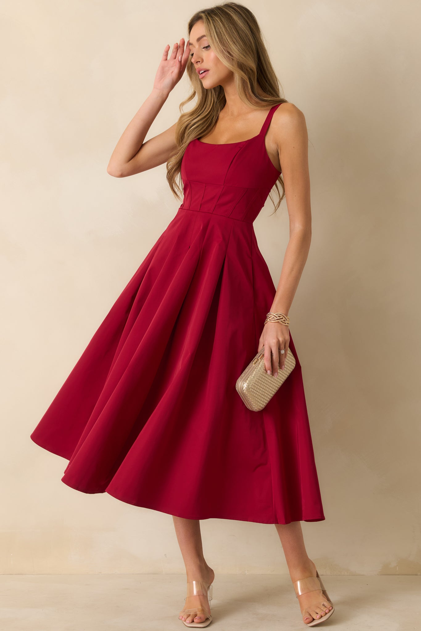 The Spotlight Is Yours Red Pleated Midi Dress