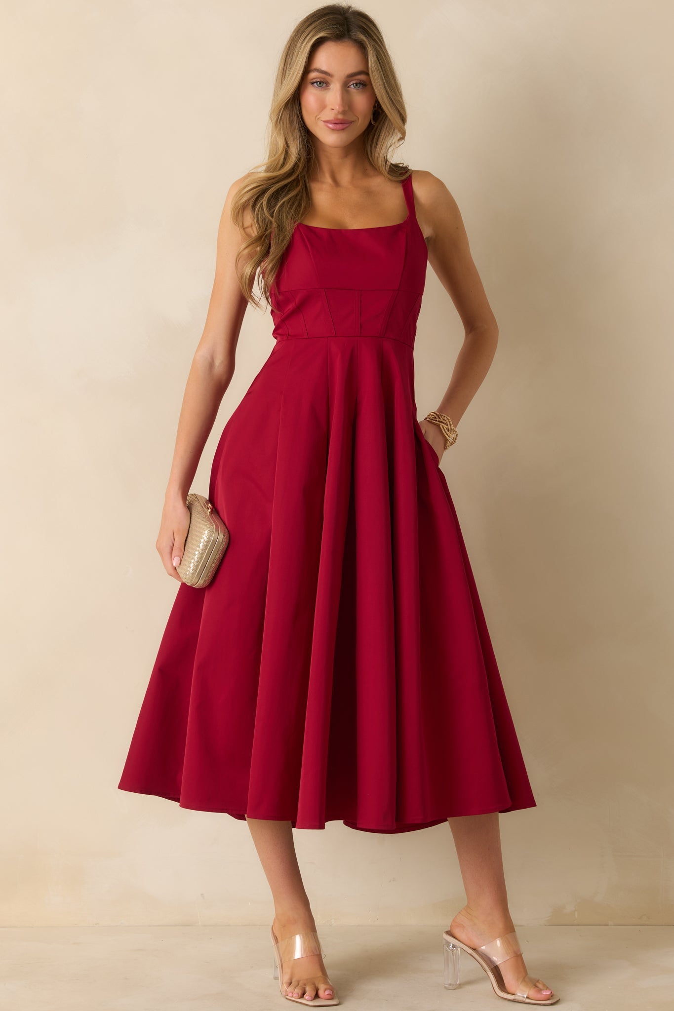 The Spotlight Is Yours Red Pleated Midi Dress