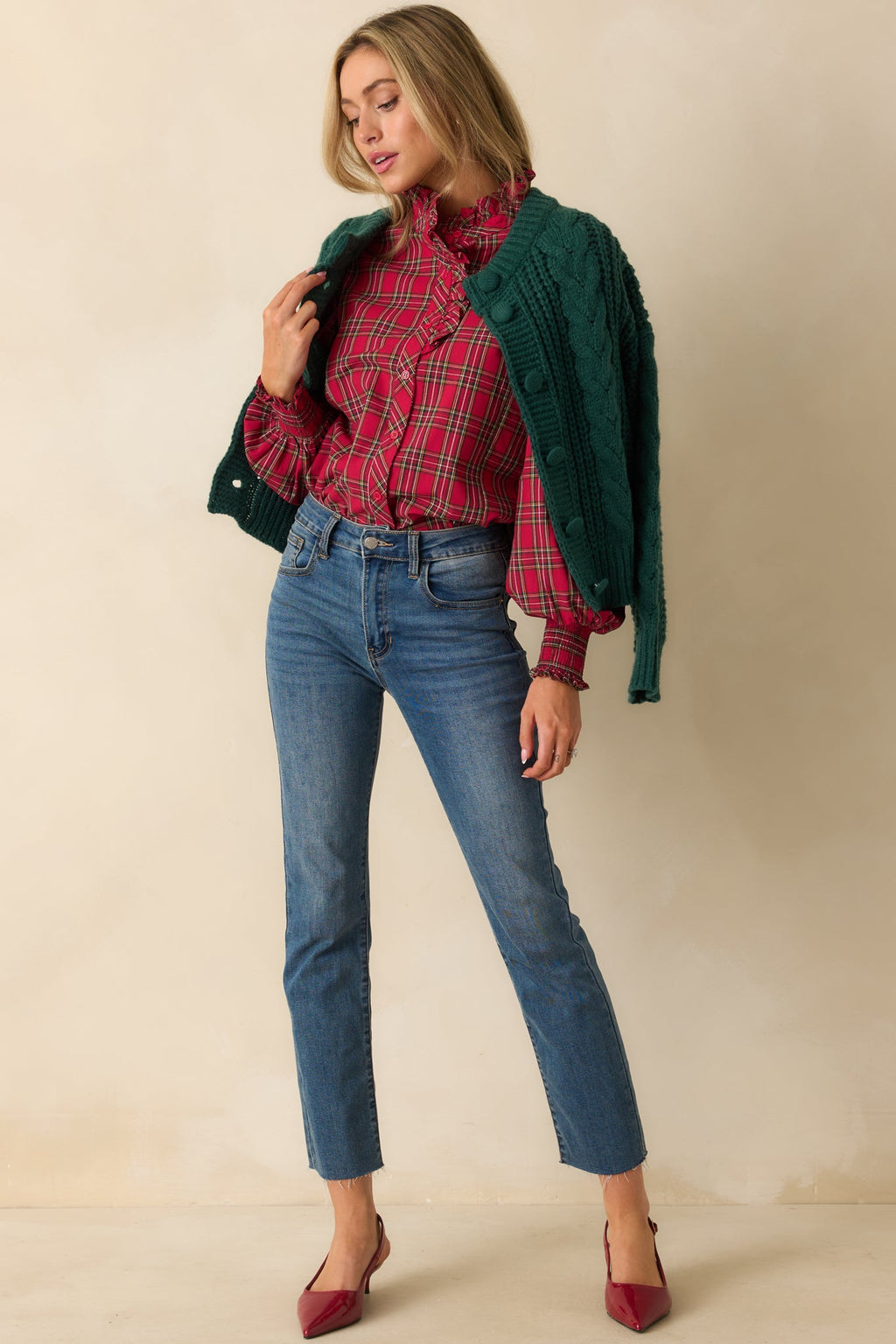 Festive Feeling Red Plaid Cotton Ruffle Neck Button Up Blouse
