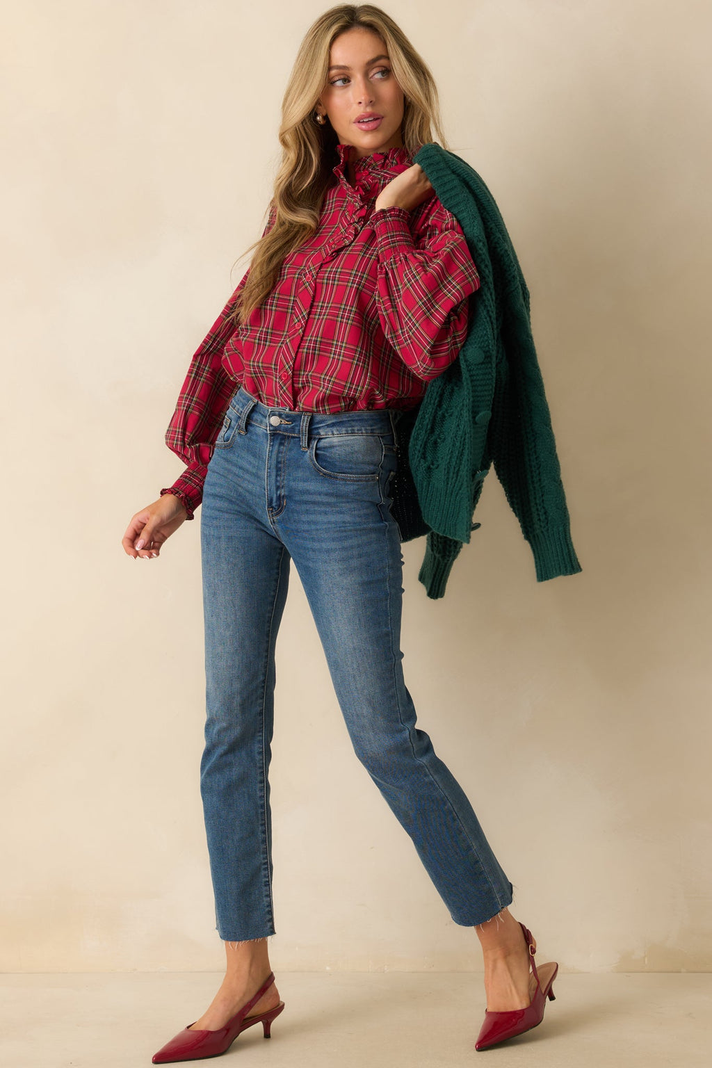 Festive Feeling Red Plaid Cotton Ruffle Neck Button Up Blouse