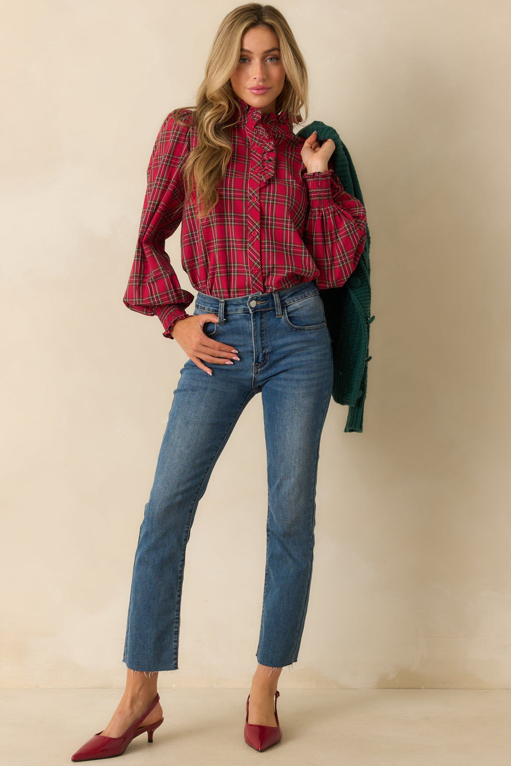 Festive Feeling Red Plaid Cotton Ruffle Neck Button Up Blouse