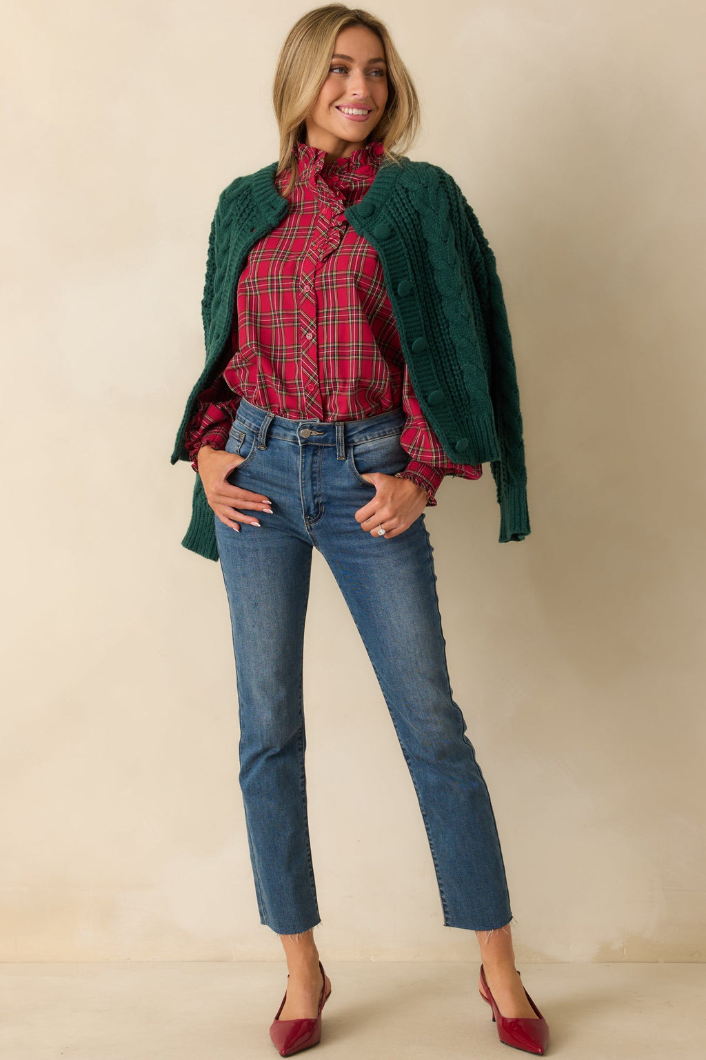 Festive Feeling Red Plaid Cotton Ruffle Neck Button Up Blouse