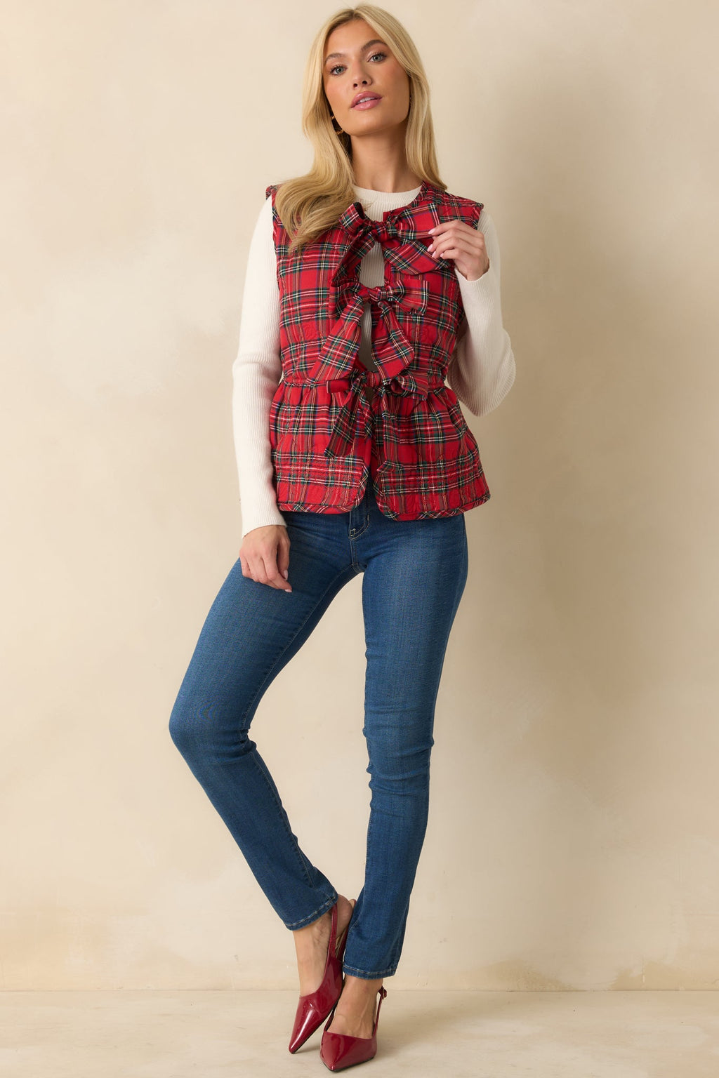 Perfectly Gifted Red Plaid Three Bow Vest