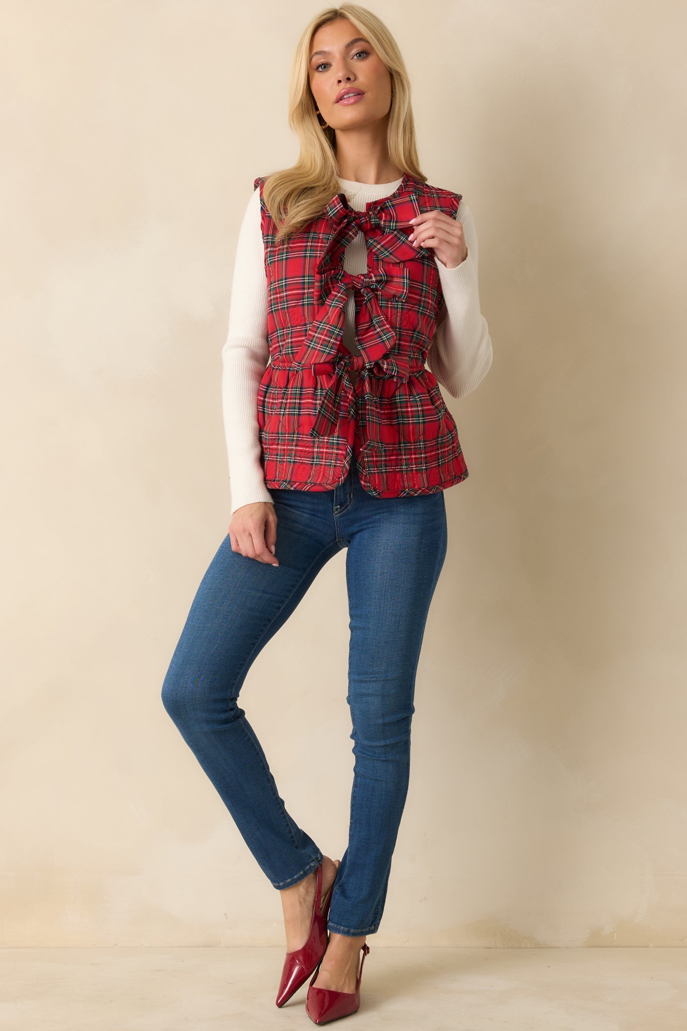 Perfectly Gifted Red Plaid Three Bow Vest