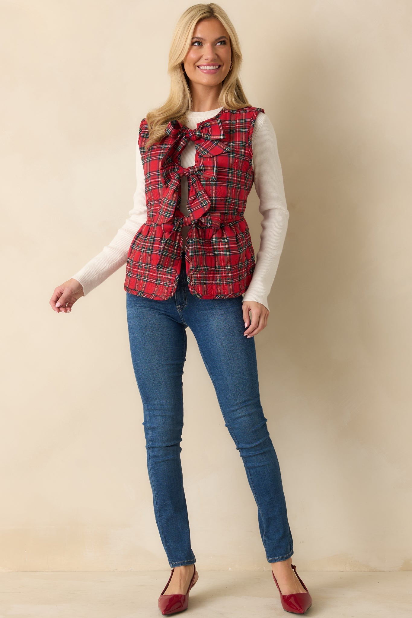 Perfectly Gifted Red Plaid Three Bow Vest