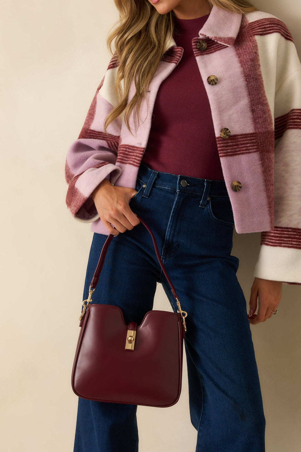 Might Surprise You Wine Red Faux Leather Twist Lock Handbag