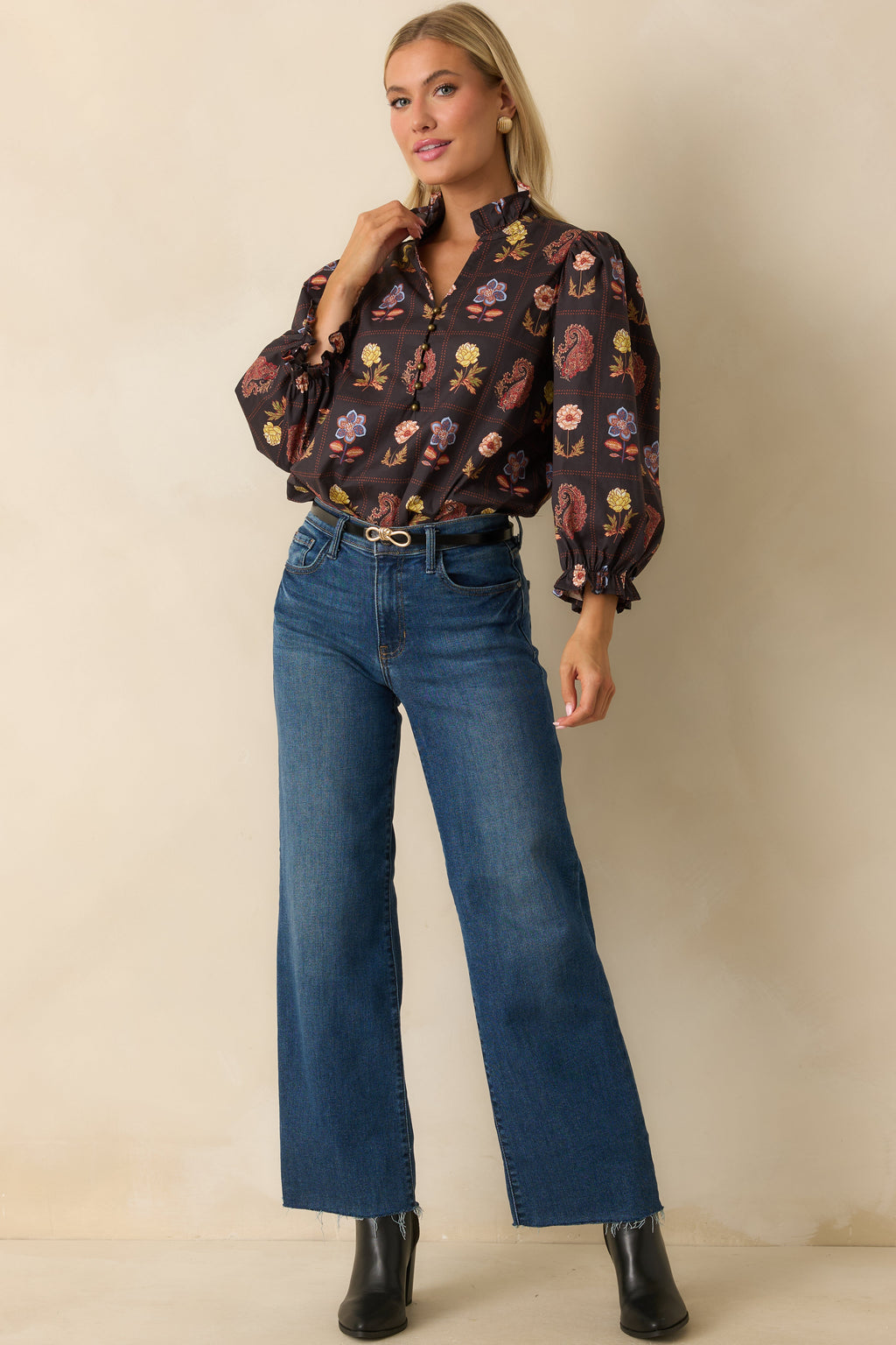 Everything’s Blooming Black Multi Floral Cotton Puff Sleeve Blouse