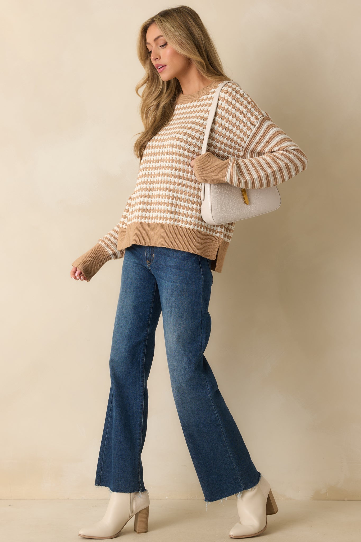 Ready Or Not Camel Brown Geometric Knit Long Sleeve Sweater