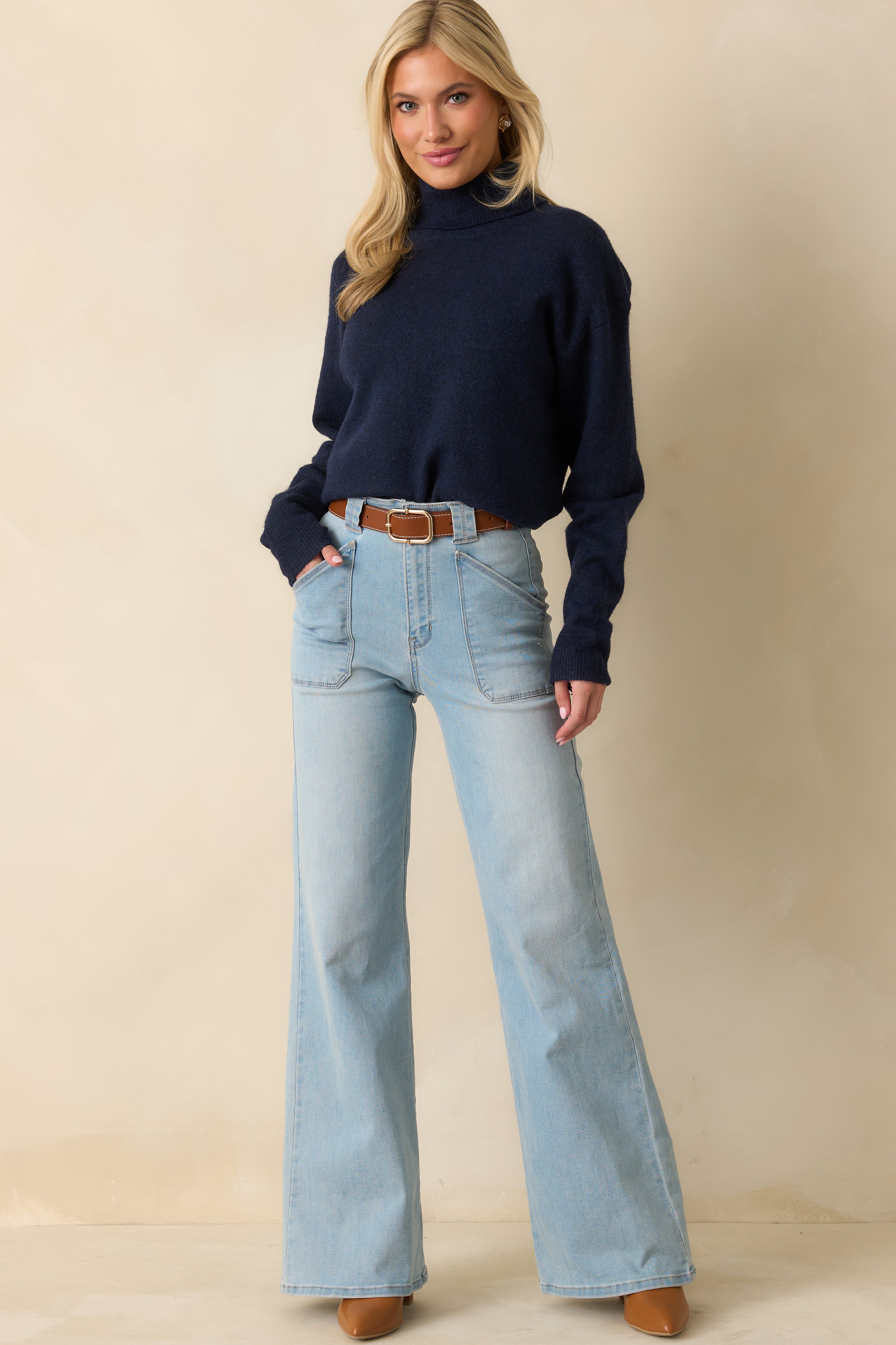 For The Best Navy Knit Long Sleeve Turtleneck Sweater