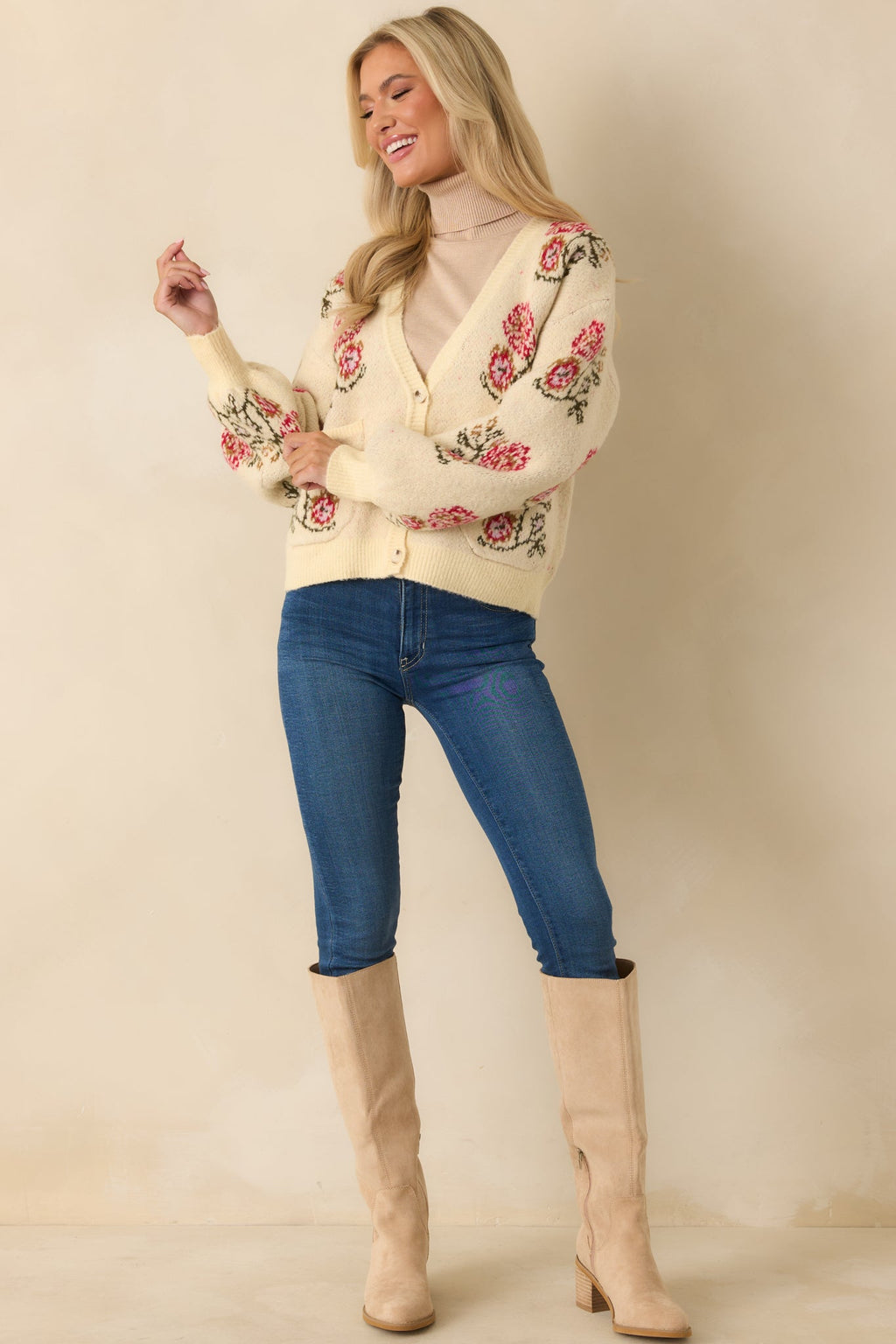 Garden Wishes Ivory Multi Knit Floral Button Up Cardigan Sweater