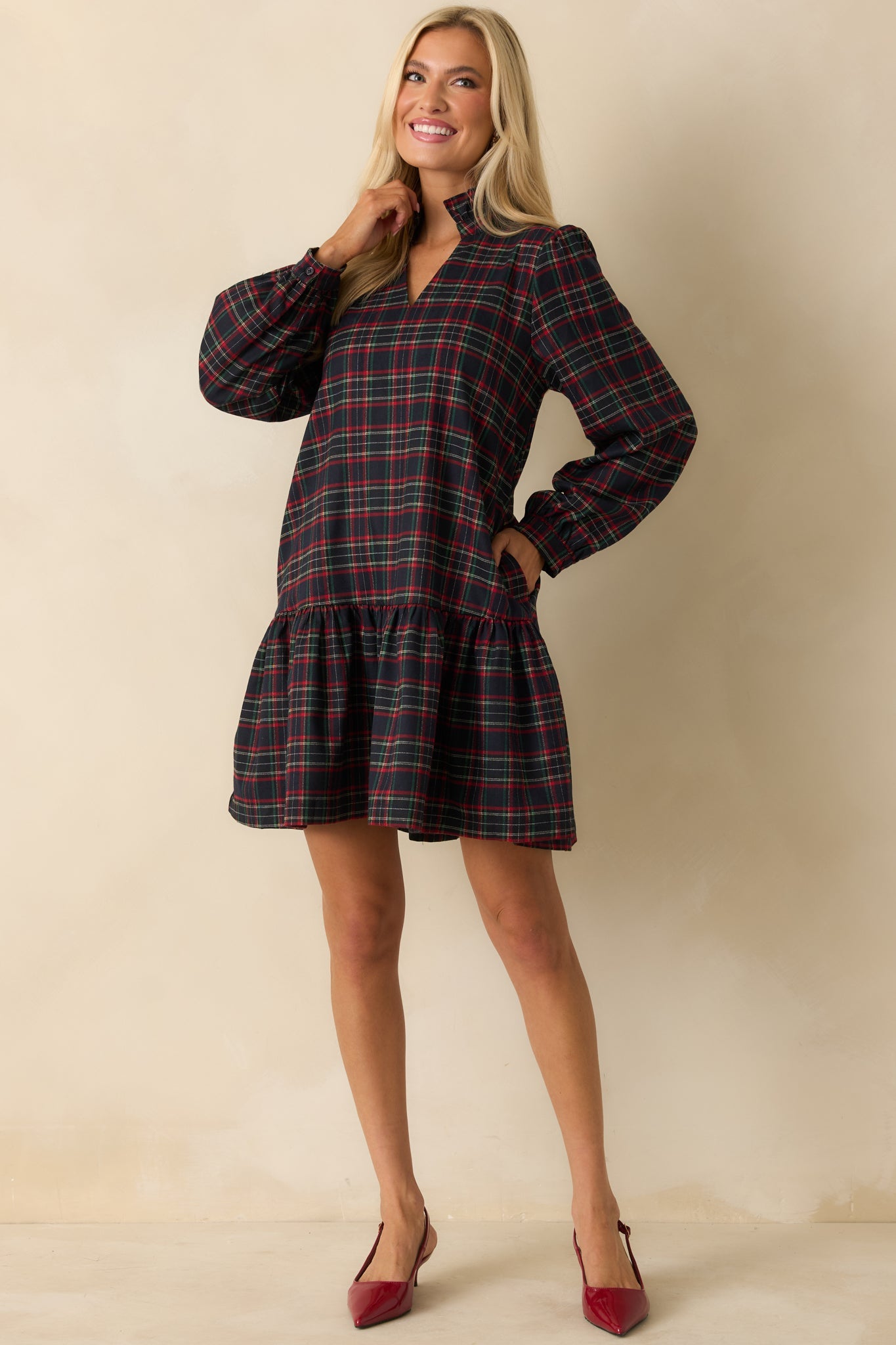 Tartan Tidings Navy Multi Plaid Ruffled Mini Dress