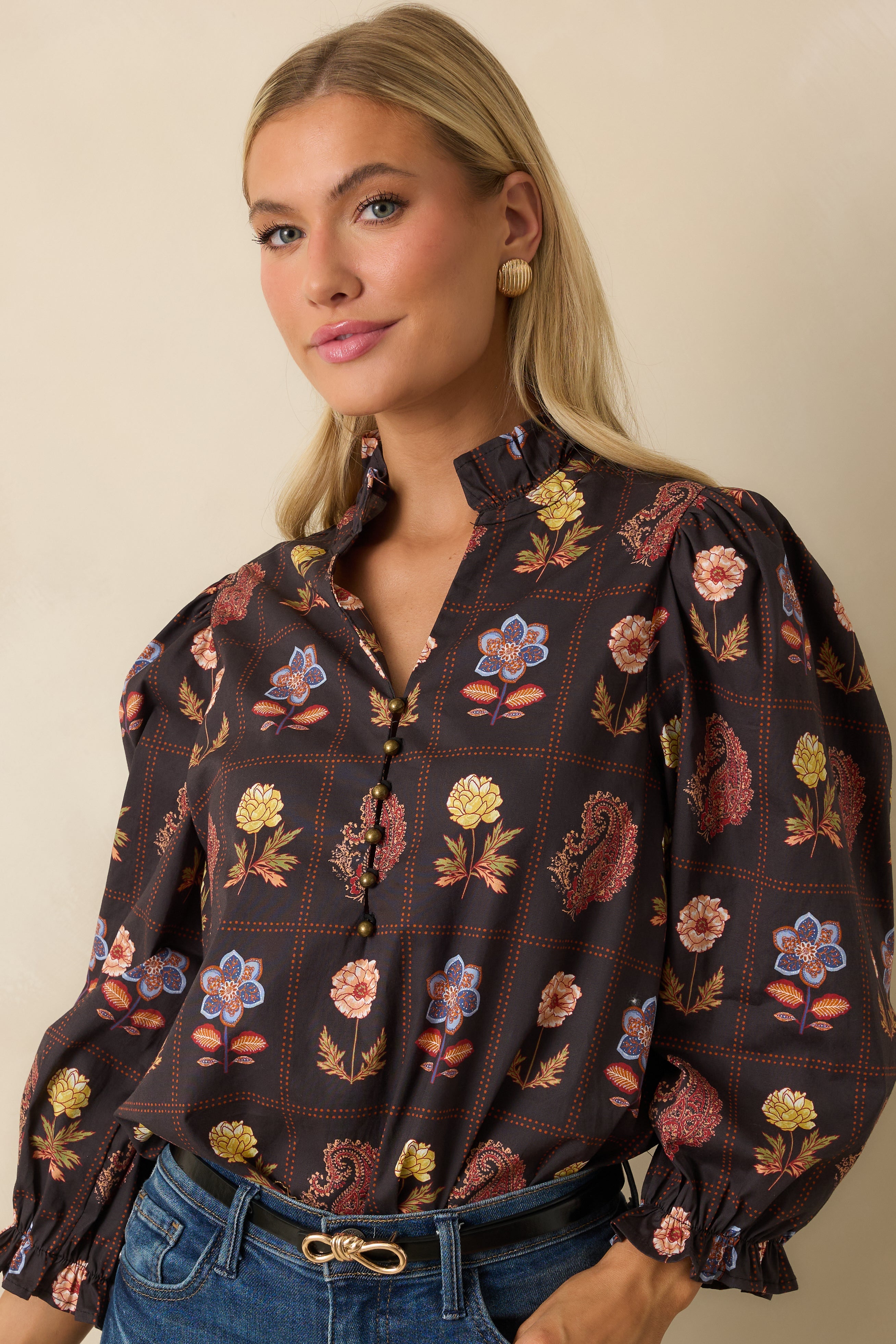 Everything’s Blooming Black Multi Floral Cotton Puff Sleeve Blouse