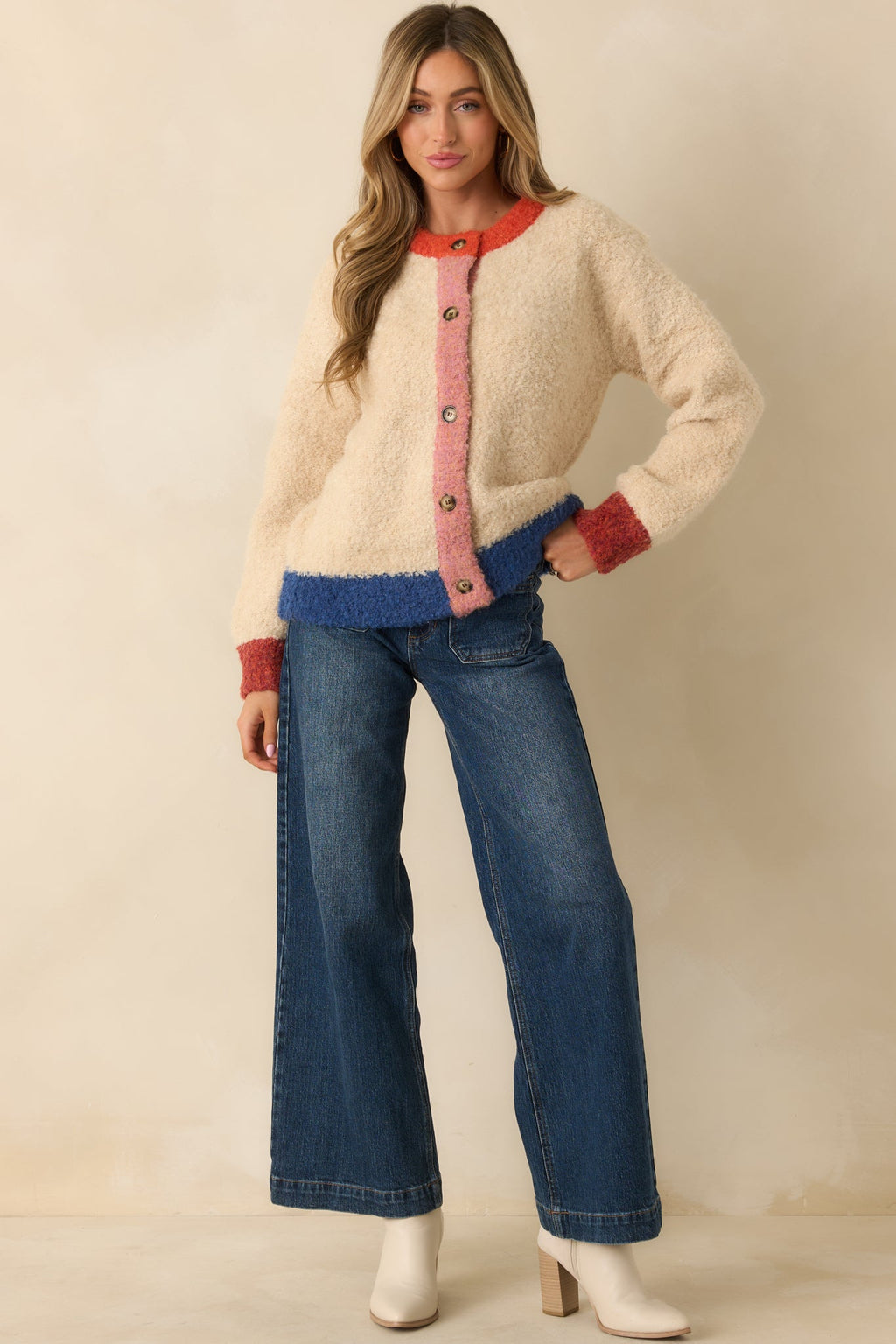 FRNCH Cyclamen Ivory Multi Knit Color Block Cardigan