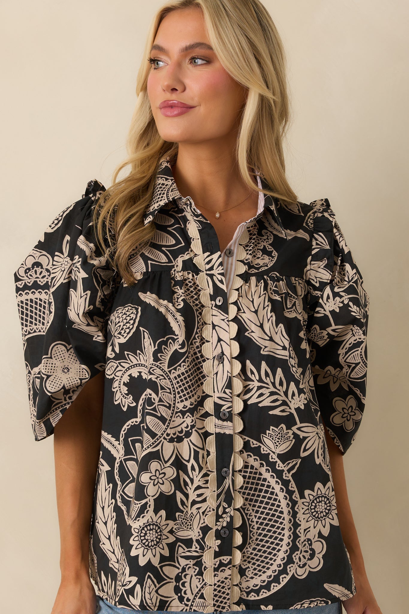 End Of Story Black Multi Paisley Floral Print Cotton Blouse
