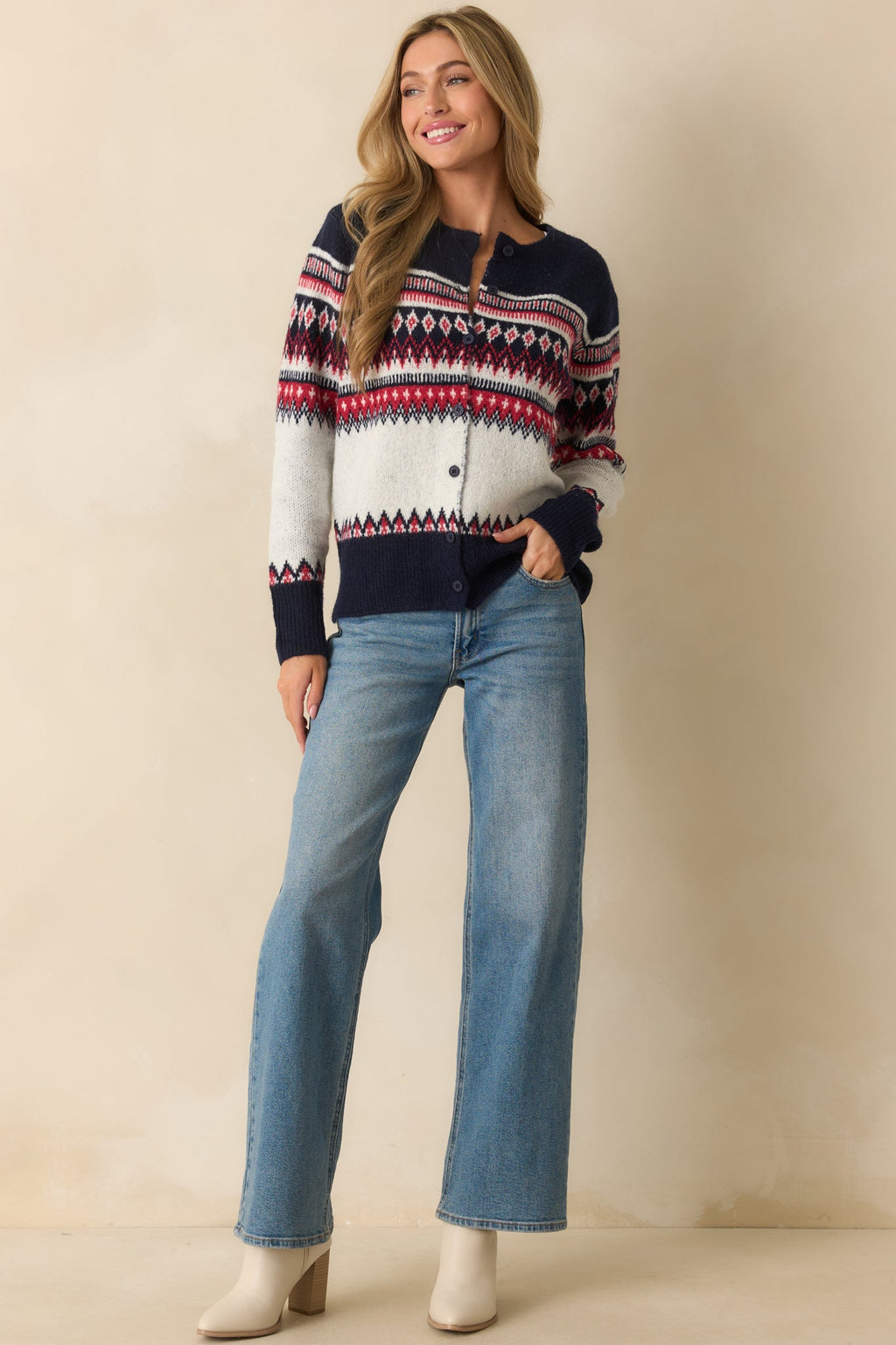 Fireside in Fair Isle White & Navy Multi Patterned Button Up Cardigan