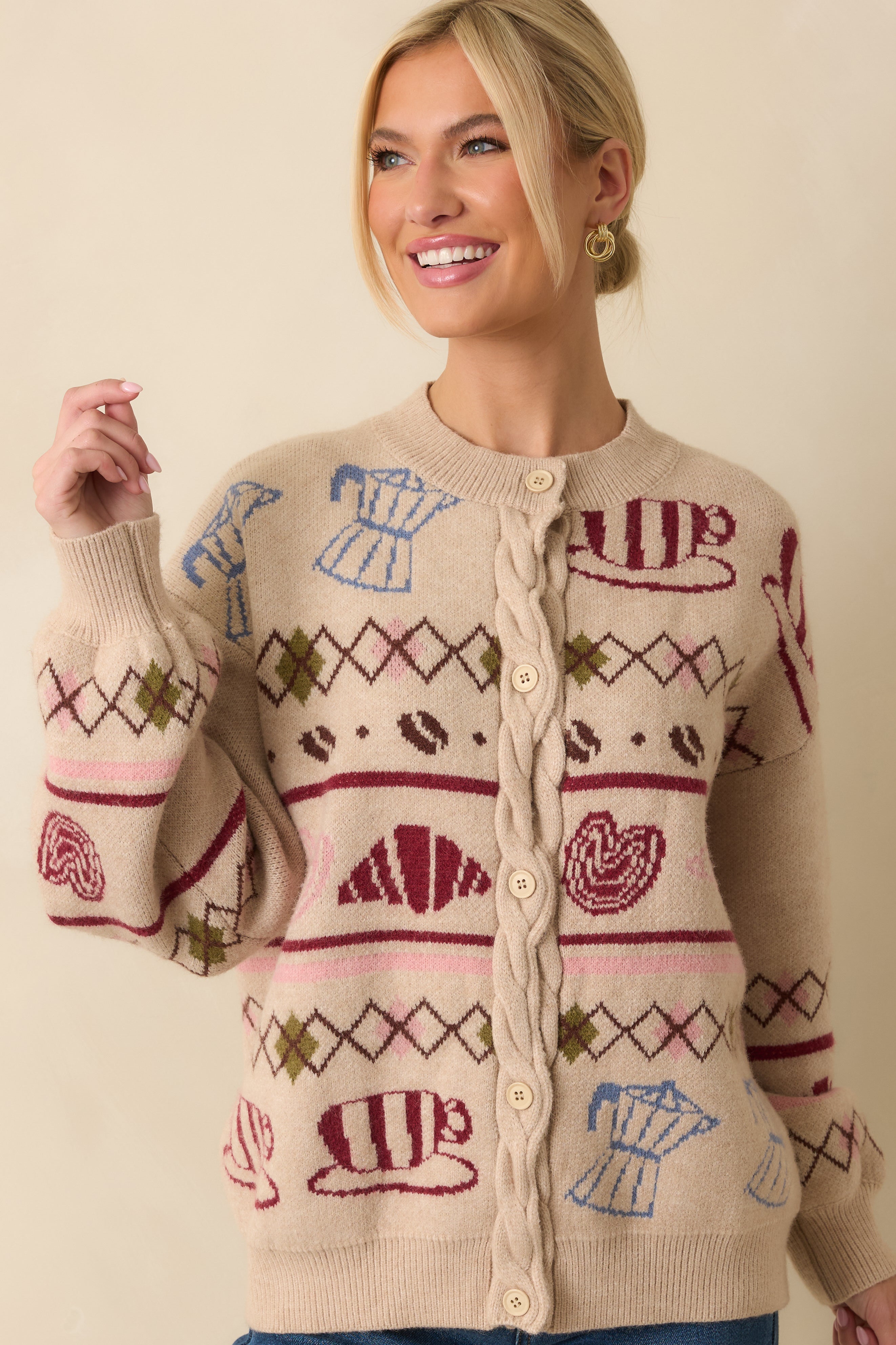 Morning Brew Beige Multi Coffee & Pastry Knit Button Up Cardigan