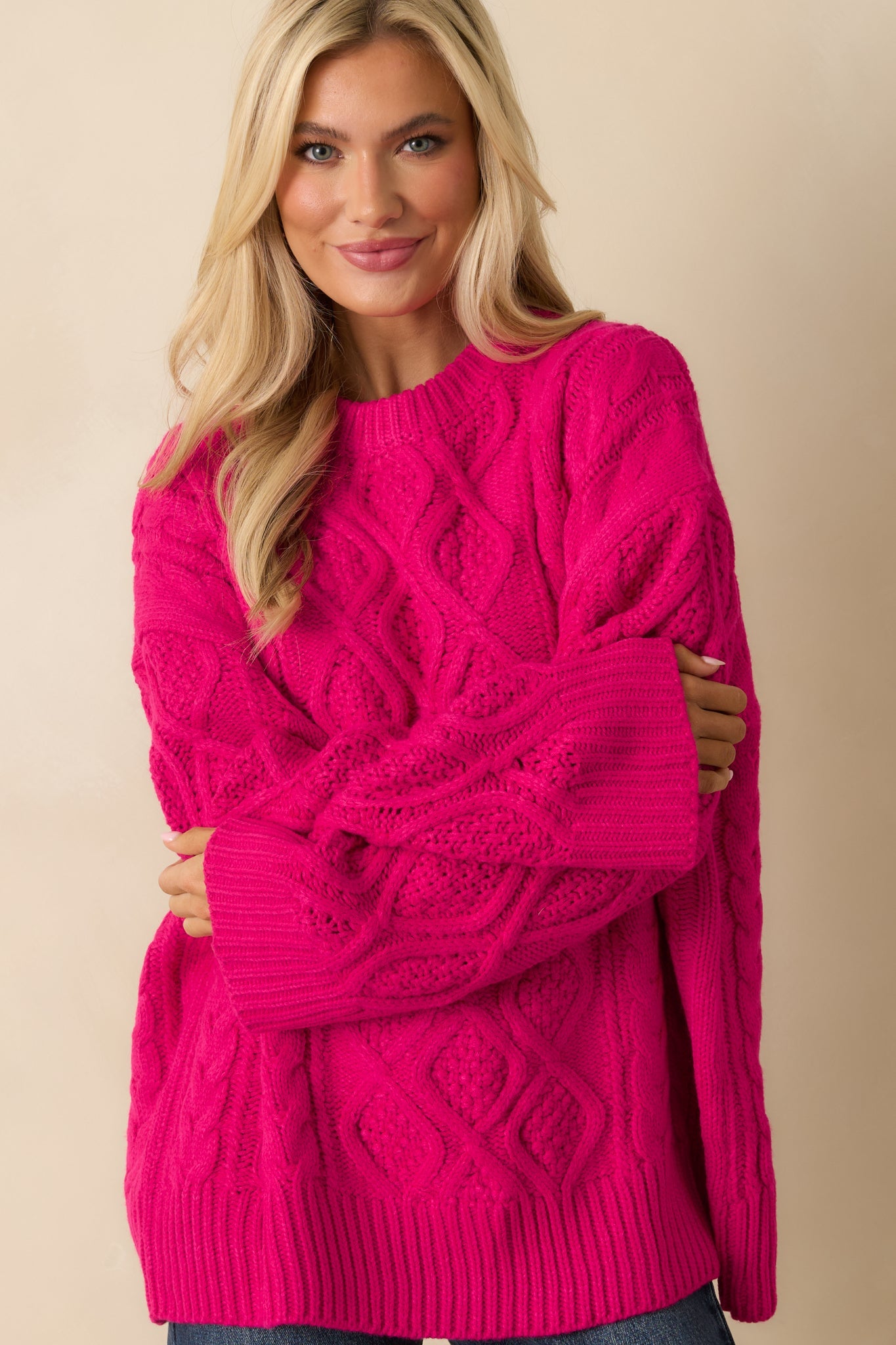 Feeling Bright Hot Pink Cable Knit Oversized Sweater
